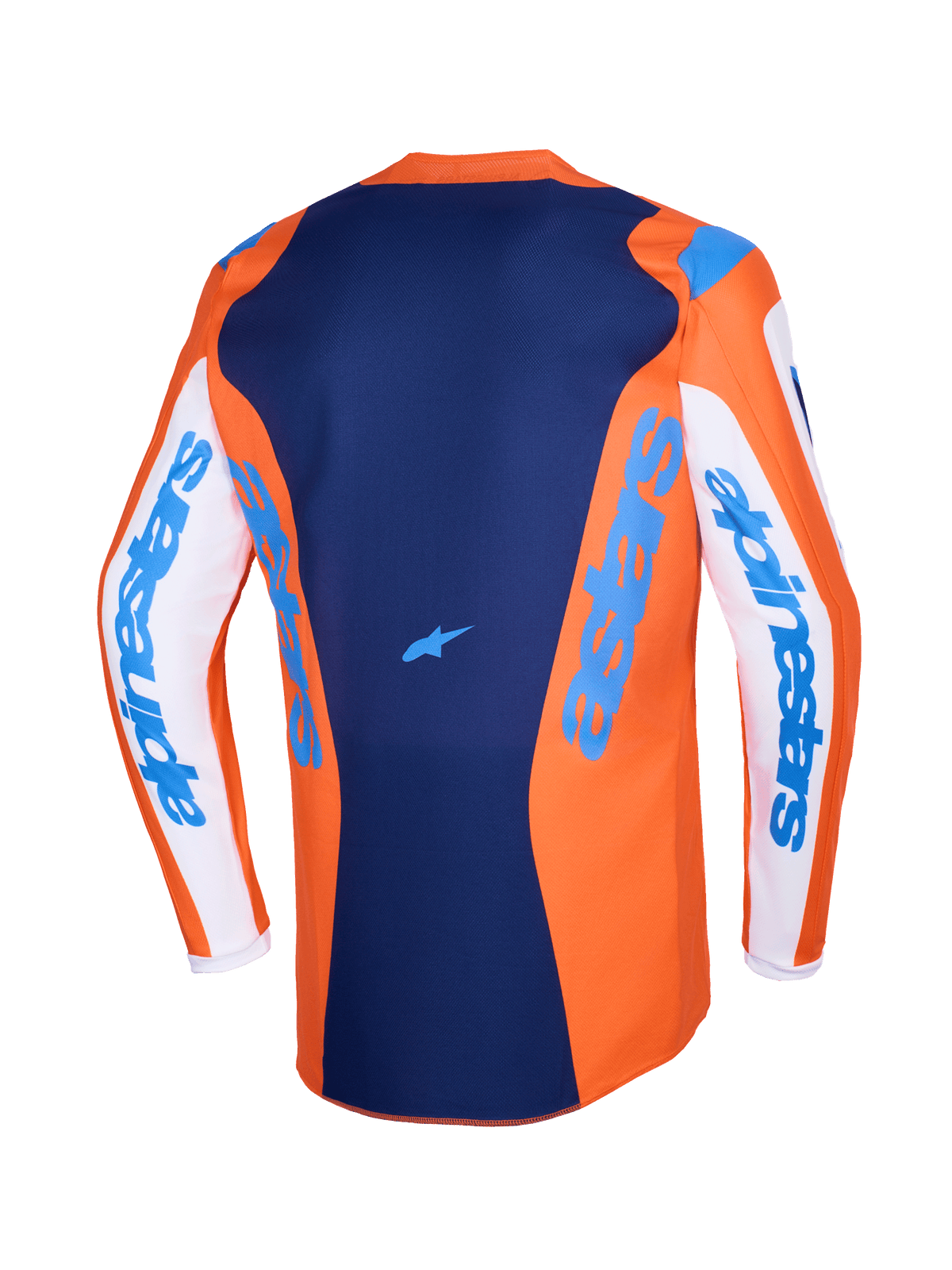 Alpinestars 2026 Fluid Grid Jersey, maglia da motocross, arancione e blu UCLA, maniche bianche con marchio Alpinestars blu, pannello posteriore blu scuro con piccolo logo a stella, taglio posteriore allungato per la guida off-road