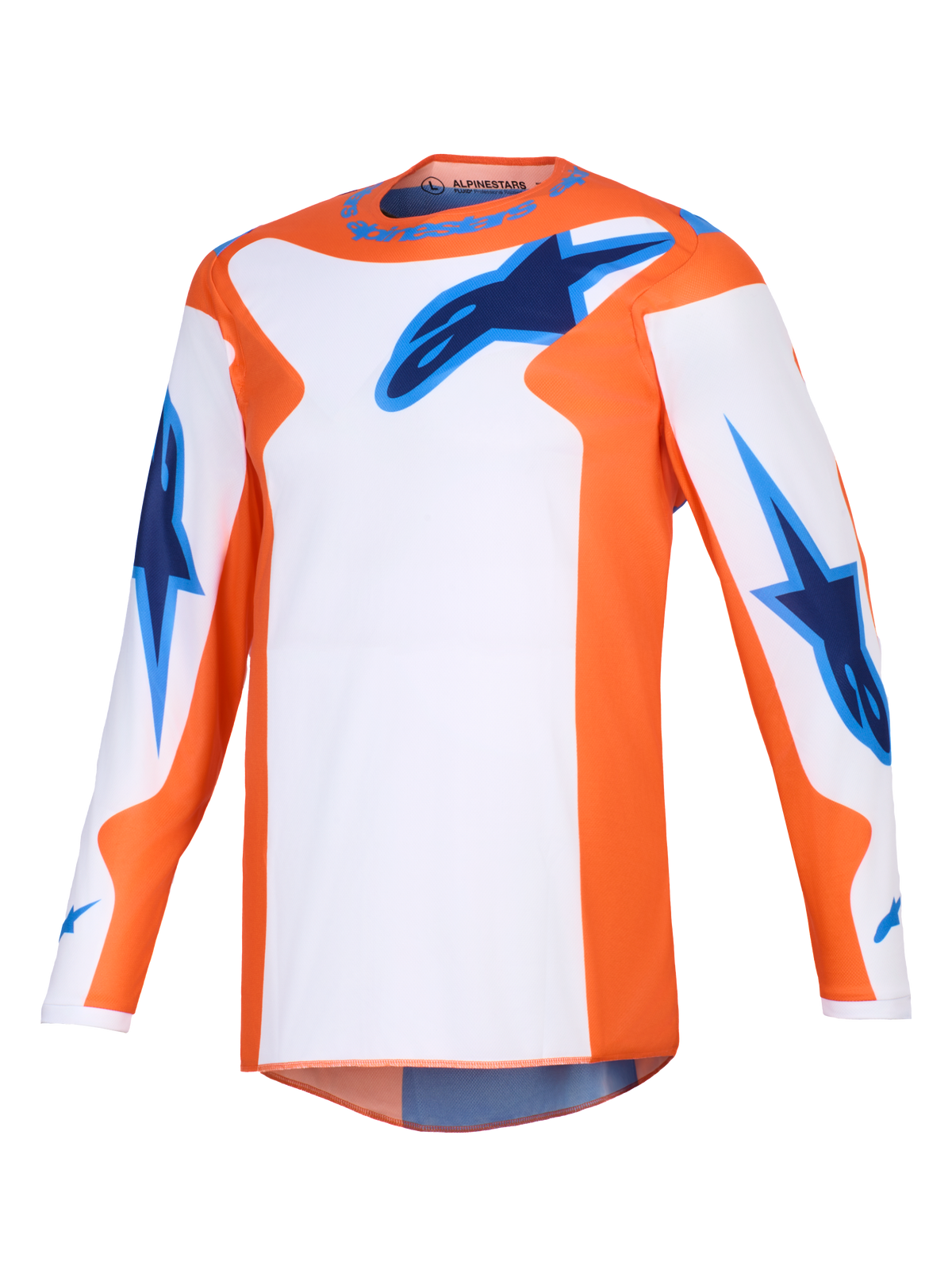 Alpinestars Maglia Fluid Grid 2026, maglia da motocross, arancione, bianco e blu UCLA, abbigliamento tecnico a maniche lunghe con loghi a stella blu su petto e maniche, vestibilità atletica per guida off-road