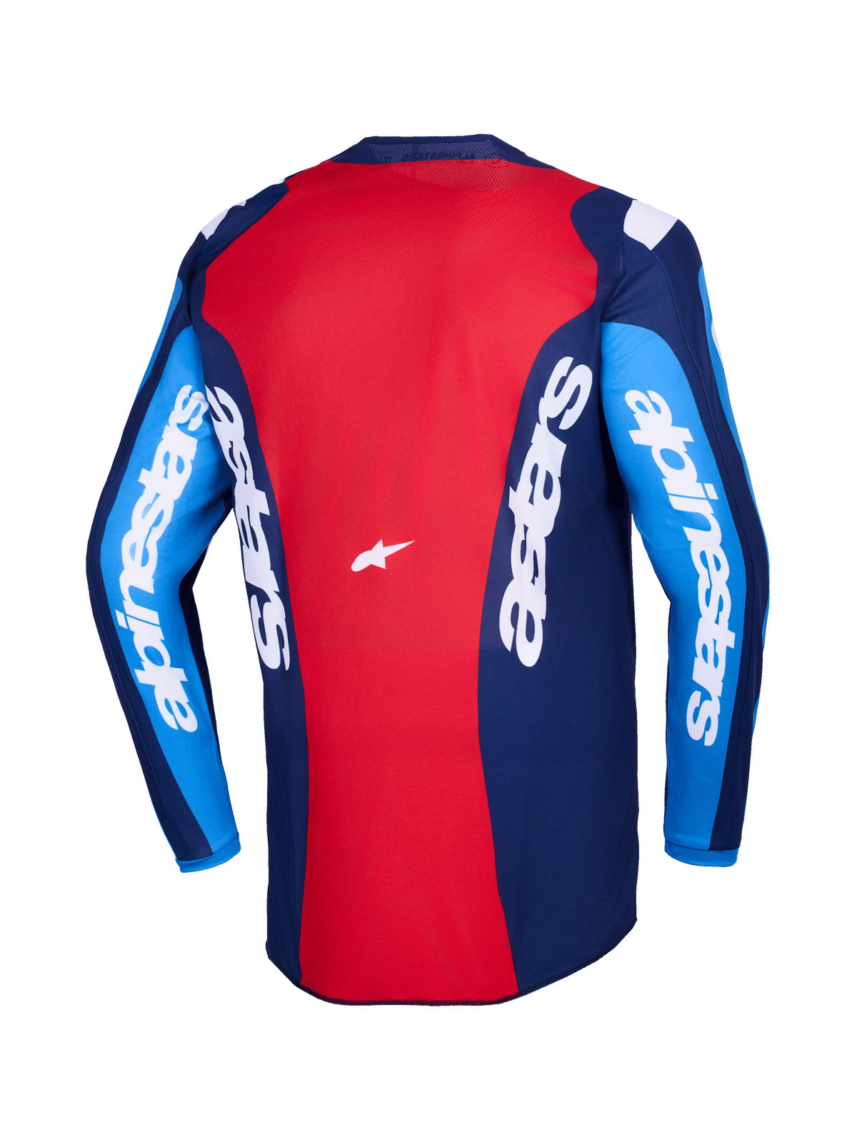 Alpinestars Fluid Grid Jersey 2026, vista posteriore, maglia da motocross rossa e blu, caratterizzata da branding Alpinestars bianco su maniche e retro, design in poliestere leggero per la guida fuoristrada