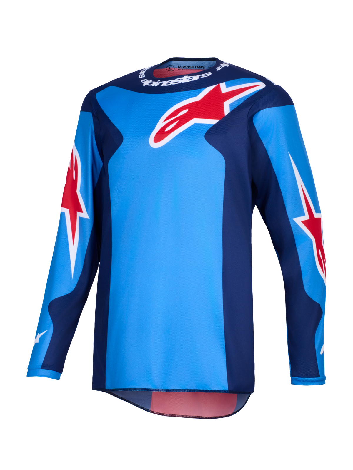 Alpinestars Fluid Grid Jersey 2026, maglia da motocross, blu e rossa, caratterizzata da grandi loghi a stella rossi Alpinestars, pannelli laterali blu scuro e costruzione in poliestere leggero con taglio posteriore allungato per la guida off-road.