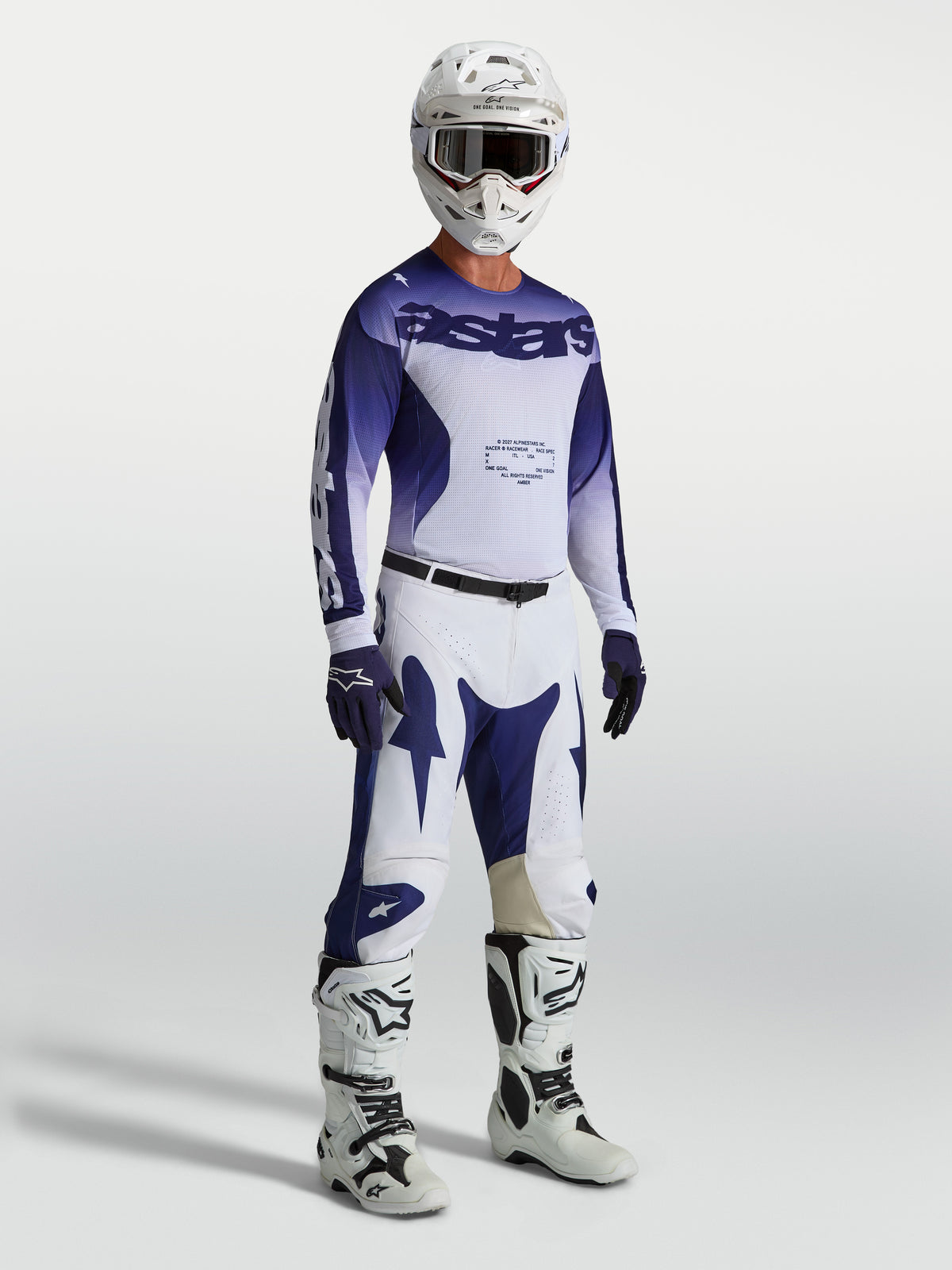 Alpinestars maglia e completo Racer Air Amber, completo motocross ventilato da uomo blu e bianco, su modello