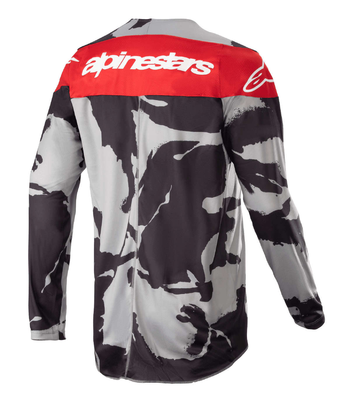 Alpinestars Maglia Racer Tactical 2023, maglia da motocross, Cast Gray Camo e Mars Red, vista posteriore con pannello superiore rosso, logo Alpinestars bianco e motivo mimetico grigio-nero, abbigliamento leggero per prestazioni fuoristrada