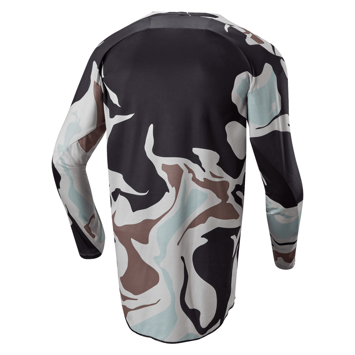 Alpinestars 2024 Racer Tactical Jersey, Iron Camo Dust Gray, vista posteriore della maglia da motocross a maniche lunghe con motivo mimetico in grigio, nero, azzurro e sabbia, con bordo posteriore allungato per una maggiore copertura.