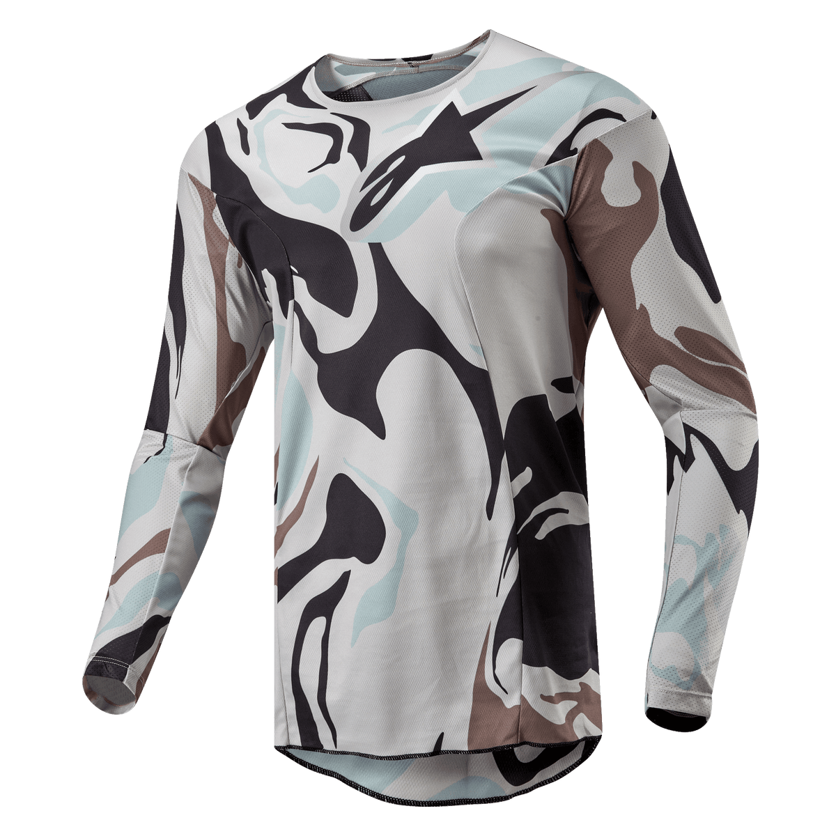 Alpinestars 2024 Racer Tactical Jersey, maglia da motocross, Iron Camo Dust Gray, caratterizzata da un audace motivo mimetico nei toni del grigio chiaro, grigio scuro e blu pallido, costruzione leggera in poli-tessuto con inserti in rete traspirante, vestibilità sportiva ergonomica.