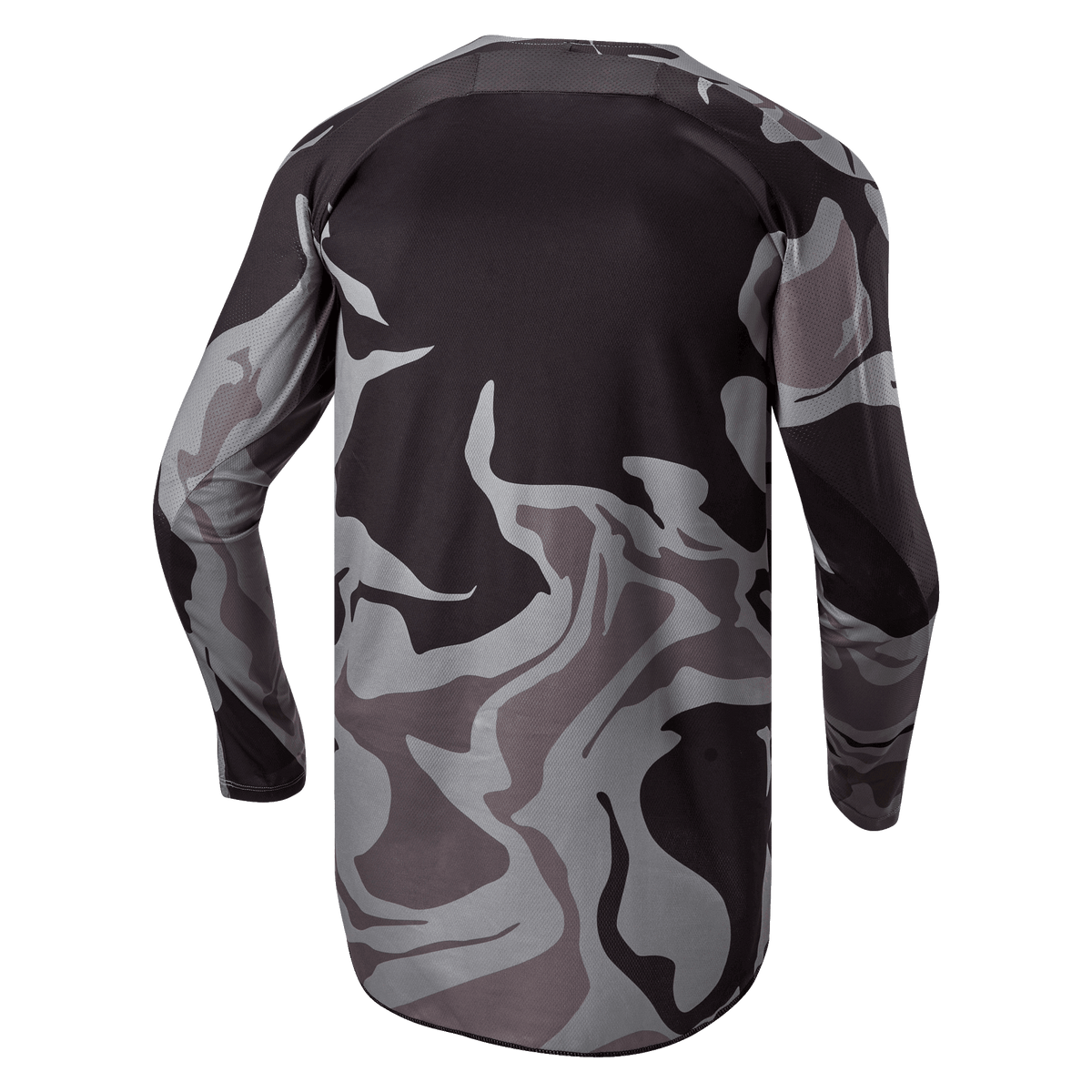 Alpinestars 2024 Racer Tactical Jersey, maglia da motocross, Cast Gray Camo Magnet, vista posteriore con motivo mimetico grigio e nero, tessuto traspirante e bordo posteriore allungato per una maggiore copertura