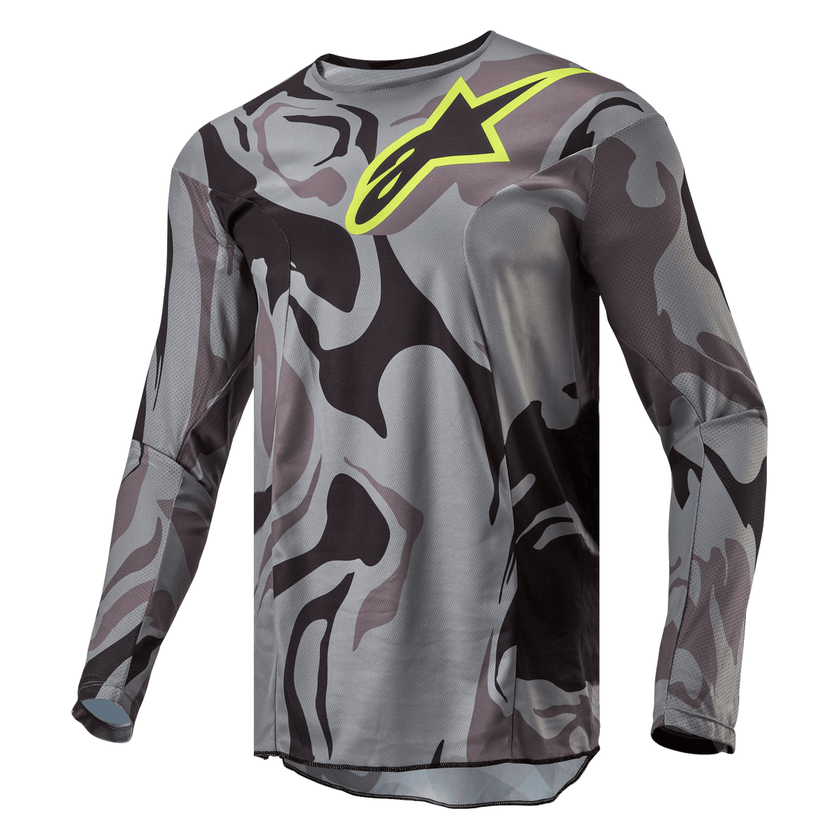 Alpinestars 2024 Racer Tactical Jersey, maglia da motocross, Cast Gray Camo Magnet, motivo mimetico grigio e nero con logo Alpinestars giallo acceso sul petto, maniche lunghe, abbigliamento tecnico da fuoristrada
