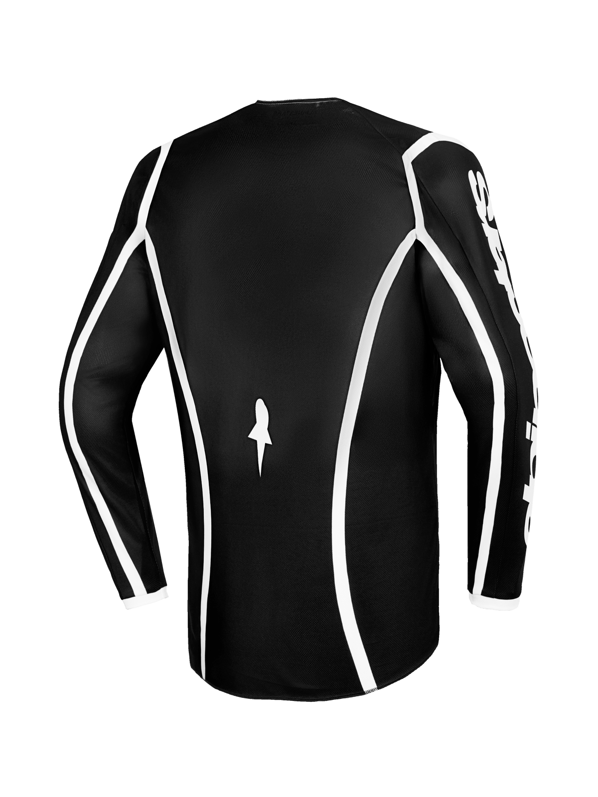 Alpinestars 2026 Fluid Apex Jersey, maglia da motocross, nero con profili curvi bianchi, vista posteriore che mostra il taglio ergonomico e un piccolo logo bianco, maglia tecnica a maniche lunghe per corse fuoristrada