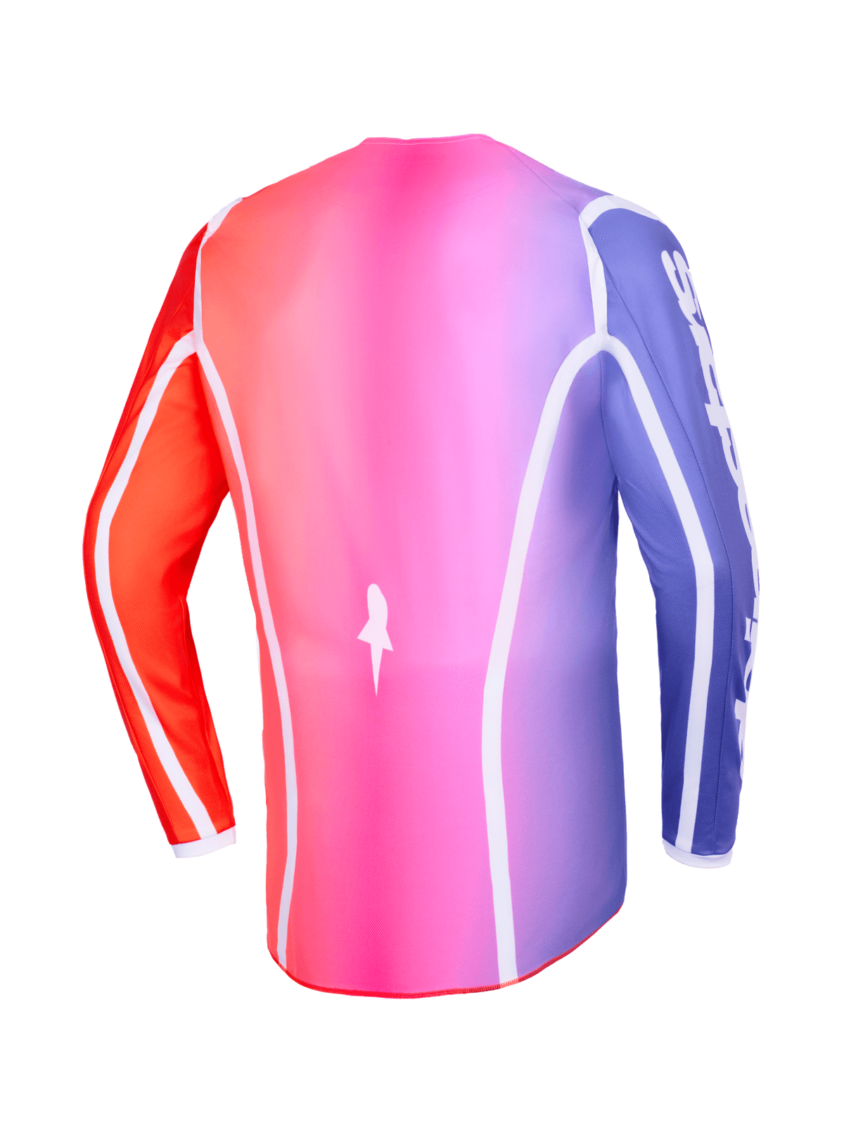Maglia Alpinestars Fluid Apex 2026, vista posteriore, sfumatura multicolore rosa, viola e arancione, con profili bianchi curvi e orlo posteriore allungato, abbigliamento professionale da motocross e fuoristrada
