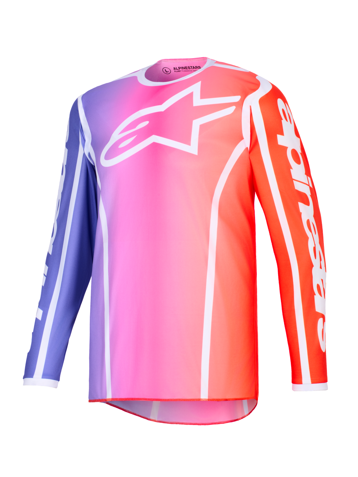 Alpinestars 2026 Fluid Apex Jersey, maglia da motocross, sfumatura viola, rosa e arancione con accenti bianchi, logo Astars bianco sul petto e branding sulle maniche, poliestere leggero per corse fuoristrada