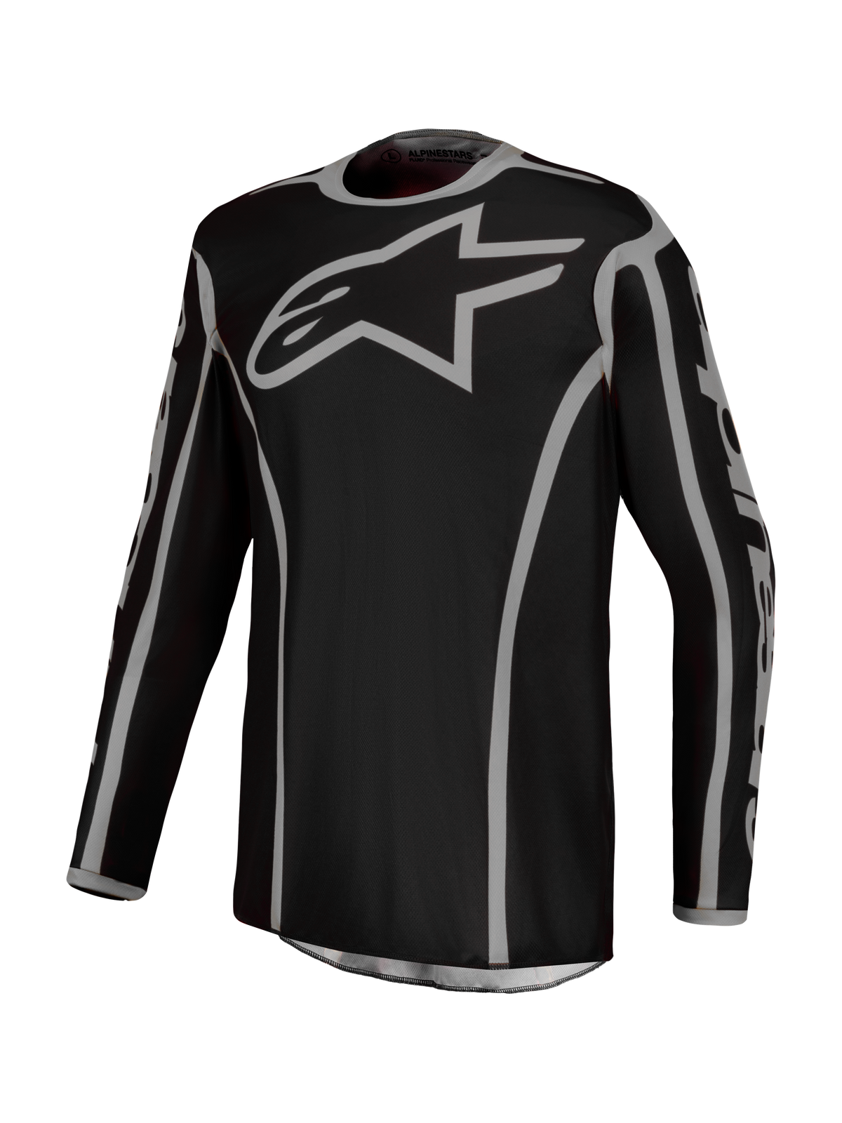 Alpinestars Fluid Apex V2 Jersey, Men's Motocross Jersey in Black and Silver, breathable moisture-wicking polyfabric.