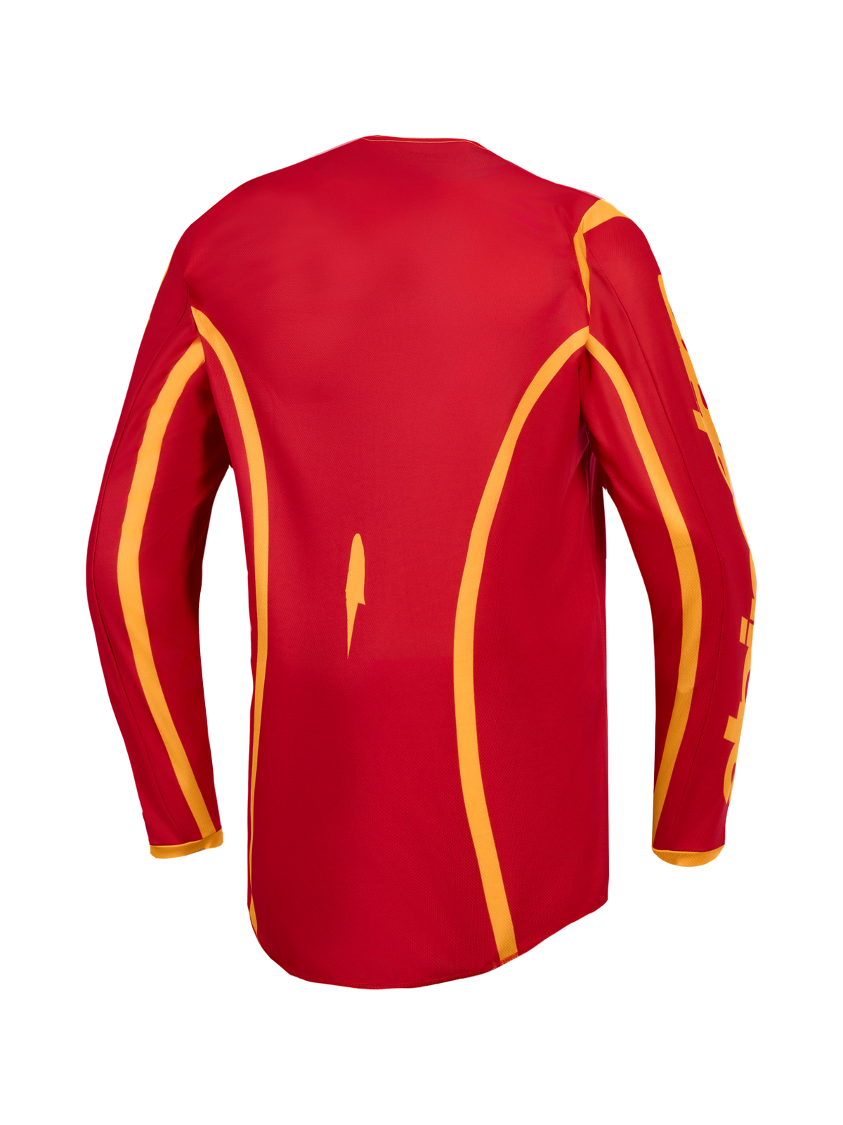 Alpinestars maglia Fluid Apex V2 da motocross, uomo, rosso fuoco e oro, vista posteriore con taglio allungato.