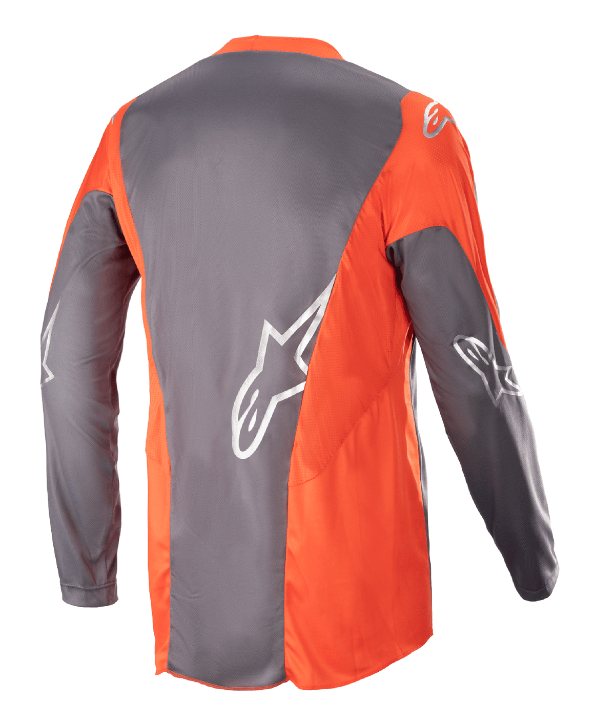Alpinestars Maglia Racer Hoen 2023, maglia da motocross, Magnet Hot Orange, vista posteriore con pannelli grigi e arancioni e loghi Astars argento su maniche e schiena, abbigliamento tecnico per fuoristrada