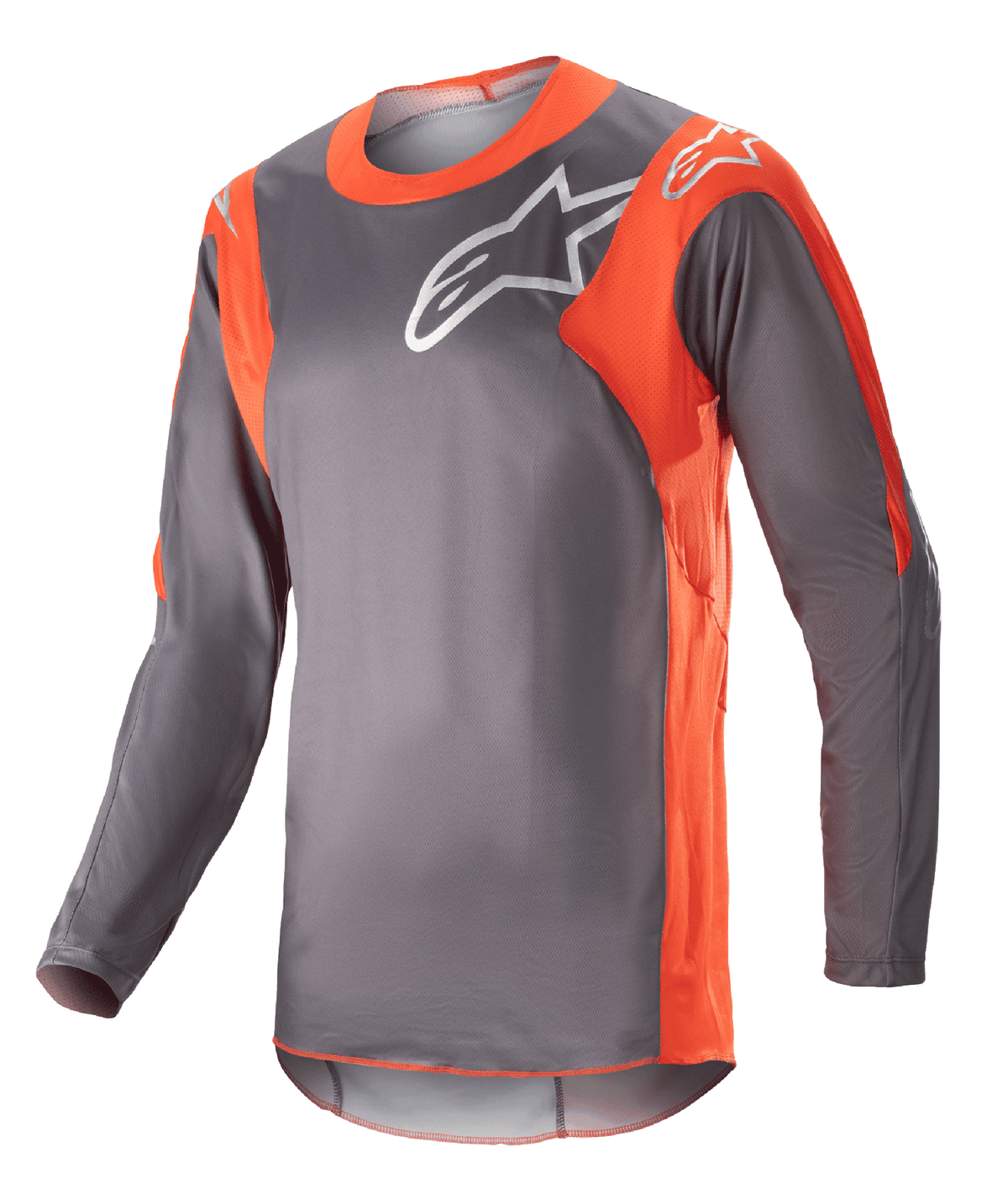 Alpinestars 2023 Racer Hoen Jersey, maglia da motocross a maniche lunghe, grigio Magnet e arancione acceso, logo Alpinestars bianco su petto e spalle, tessuto tecnico leggero per gare off-road