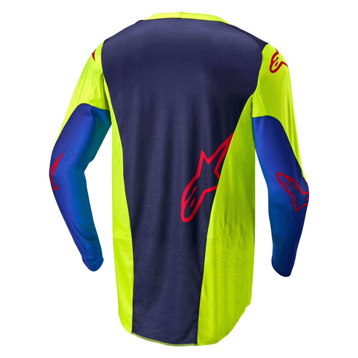 Alpinestars Racer Hoen Jersey 2024, maglia da motocross, giallo fluo e blu notte, vista posteriore con pannello centrale blu scuro e logo rosso, sezioni laterali giallo brillante, maniche lunghe, in tessuto a rete traspirante per prestazioni fuoristrada