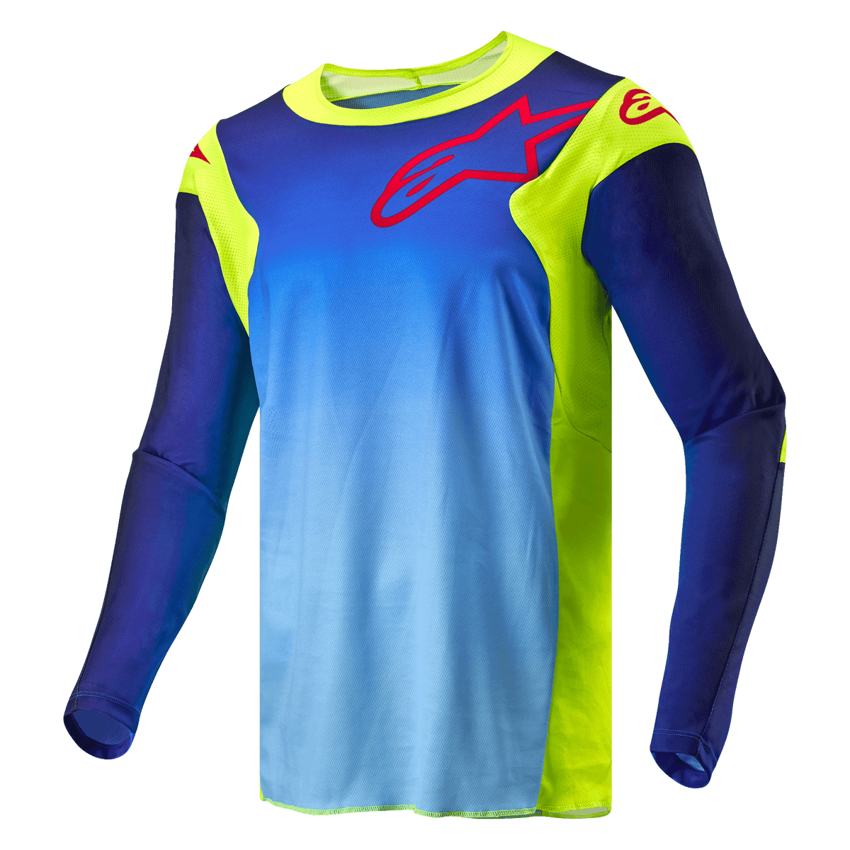 Alpinestars Racer Hoen Jersey 2024, maglia da motocross, giallo fluo e blu Night Navy, con corpo sfumato blu e pannelli giallo fluorescente, logo Alpinestars rosso sul petto e sulle spalle, abbigliamento tecnico da fuoristrada a maniche lunghe.