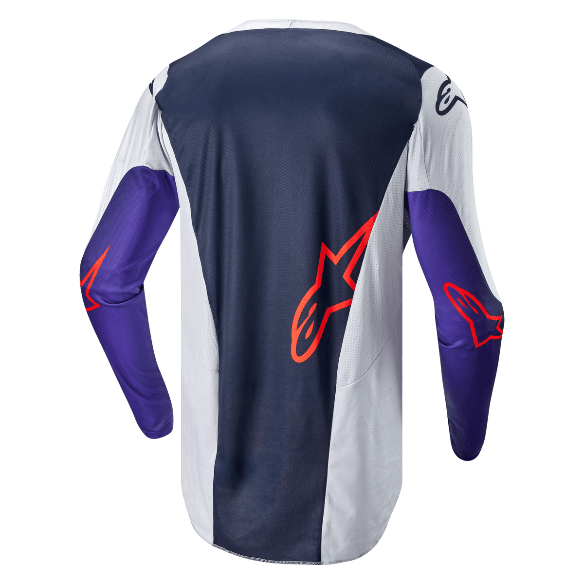 Maglia Alpinestars 2024 Racer Hoen, maglia da motocross, vista posteriore, blu navy e grigio chiaro con maniche viola, loghi Alpinestars arancioni, tessuto tecnico in rete per prestazioni fuoristrada