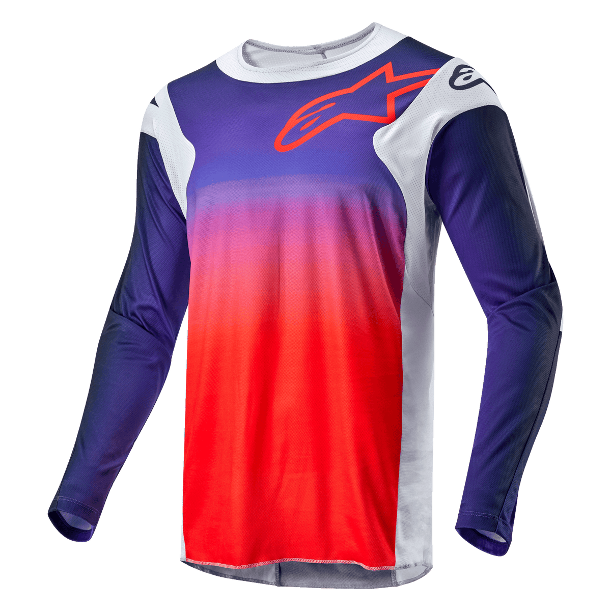 Alpinestars 2024 Racer Hoen Jersey, maglia da motocross, sfumatura dal blu navy all'arancione acceso con pannelli laterali grigio chiaro, con profilo rosso del logo Alpinestars sul petto, abbigliamento tecnico a maniche lunghe per corse fuoristrada
