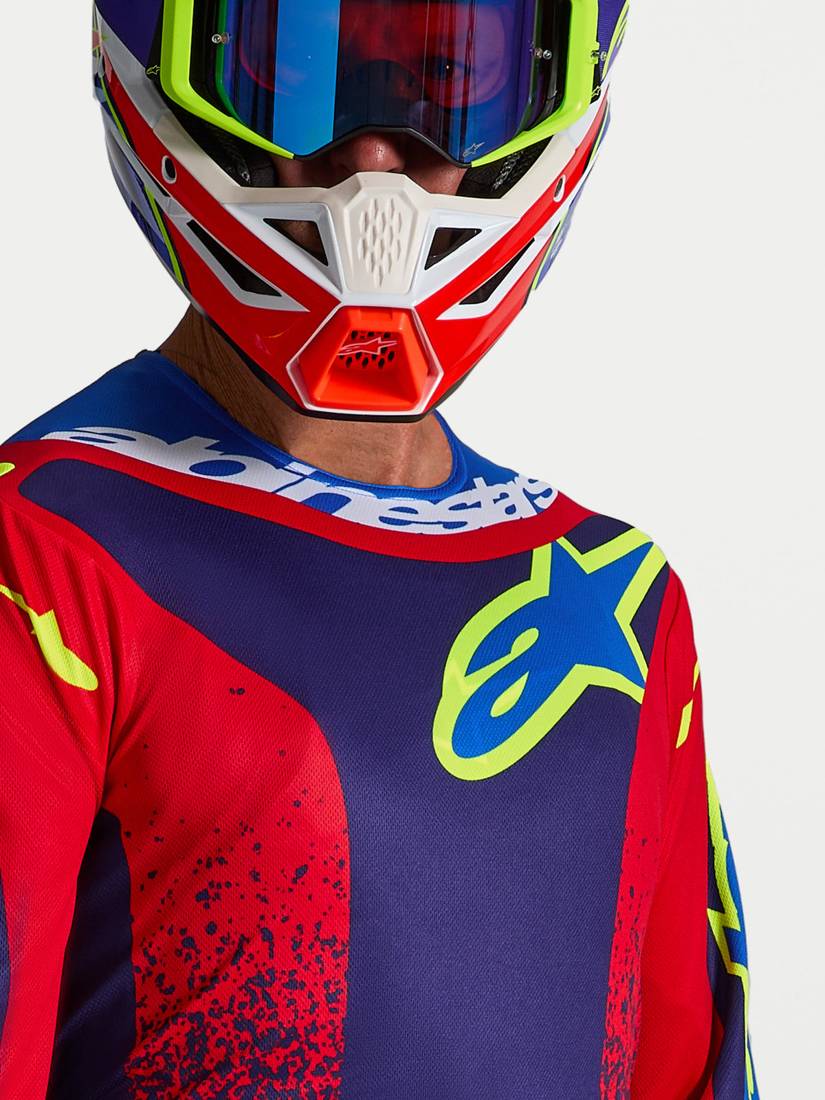 Alpinestars Maglia Fluid Drag, maglia da motocross da uomo, blu navy e rosso, con logo sul petto e colletto sportivo.