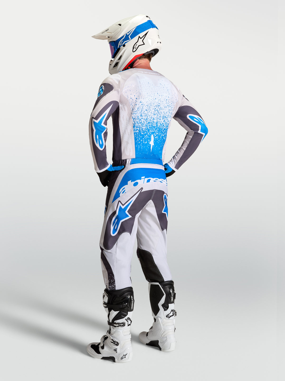 Alpinestars maglia Fluid Drag, maglia motocross da uomo, grigio e blu, tessuto leggero traspirante, vista posteriore