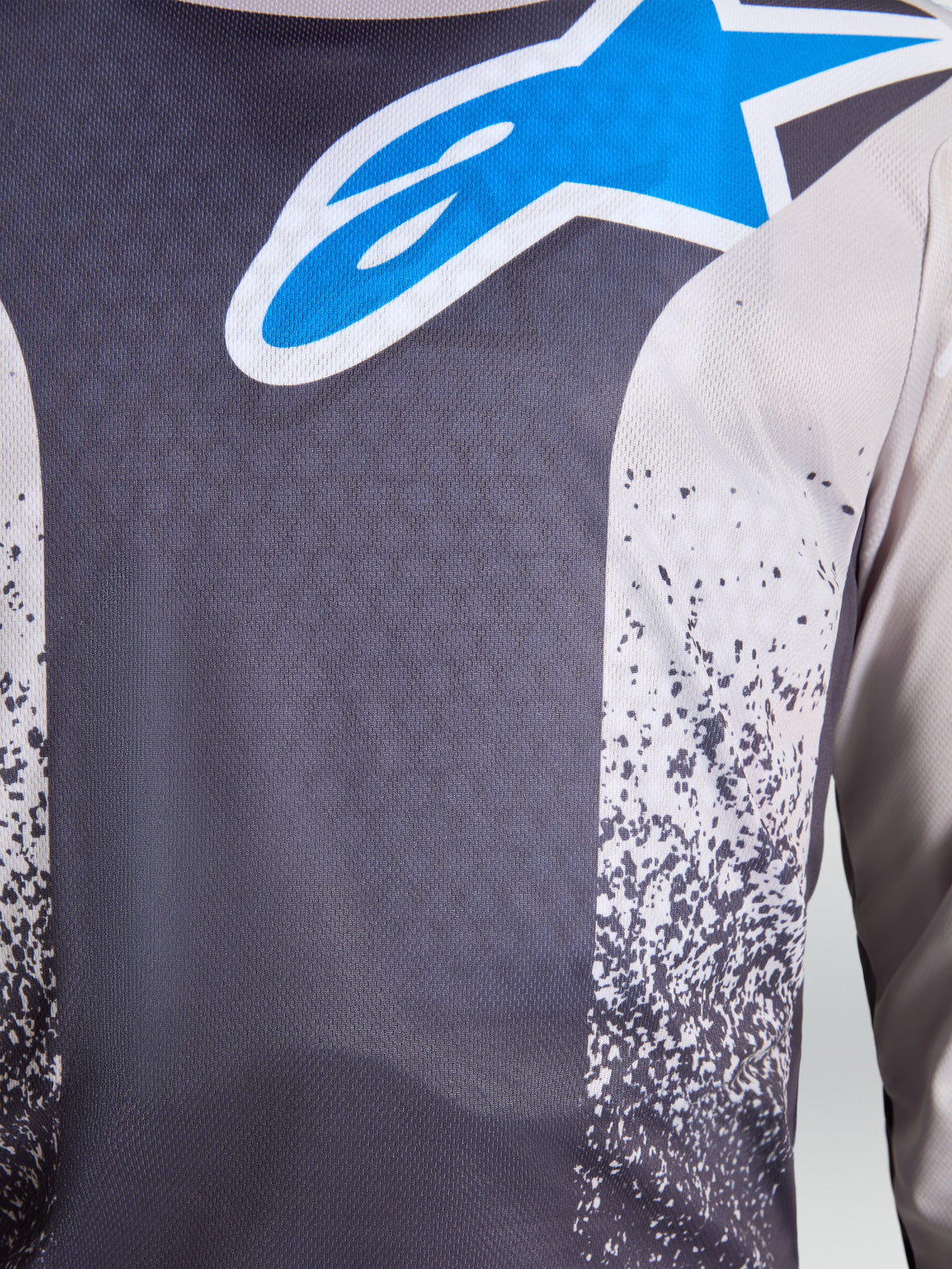 Alpinestars maglia Fluid Drag, maglia da motocross da uomo, grigio e blu, tessuto traspirante con logo a stella.