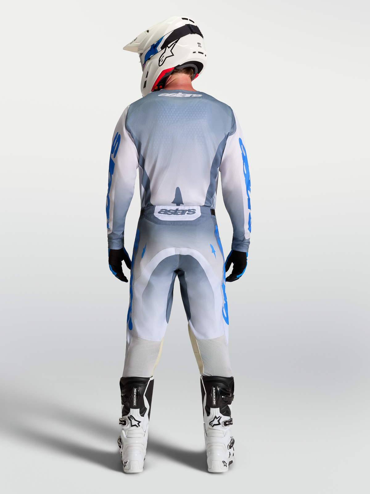 Alpinestars Racer Amber Gear Set e Pantaloni, completo da motocross da uomo, grigio cenere e blu, vista posteriore