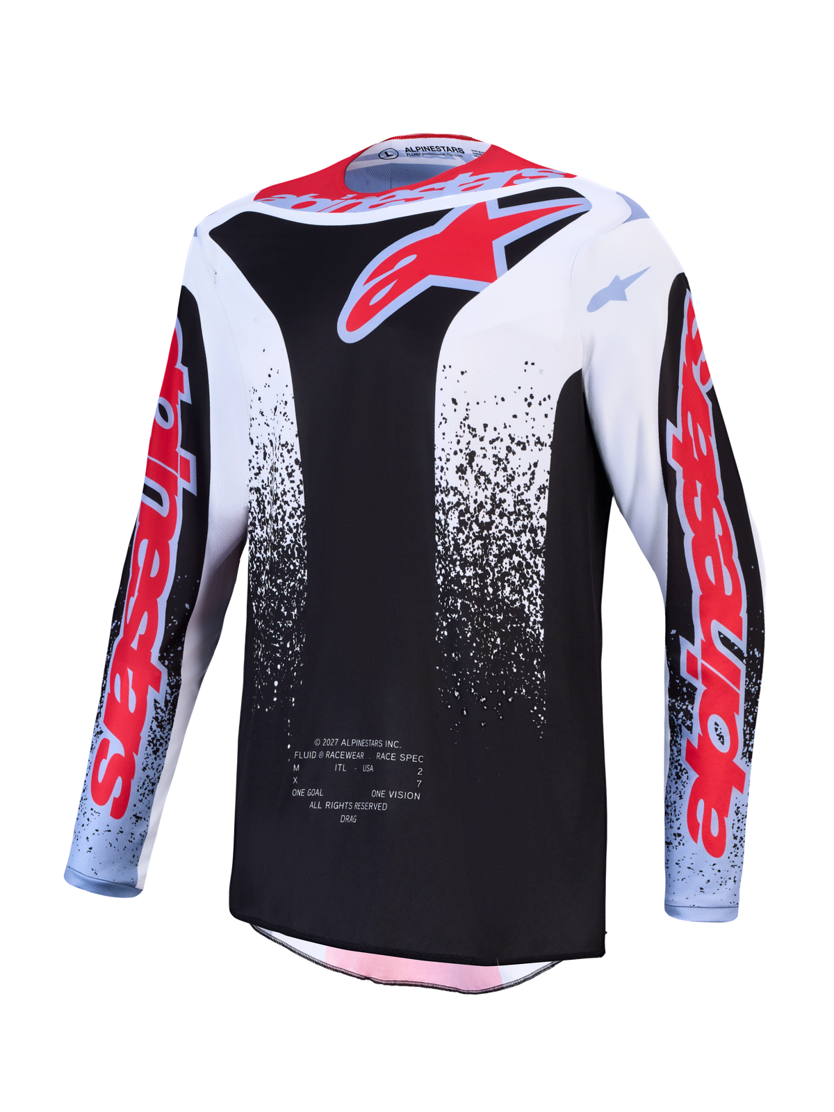 Alpinestars Fluid Drag Jersey, black and white motocross top with red fluo graphics and moisture-wicking textile fabric.