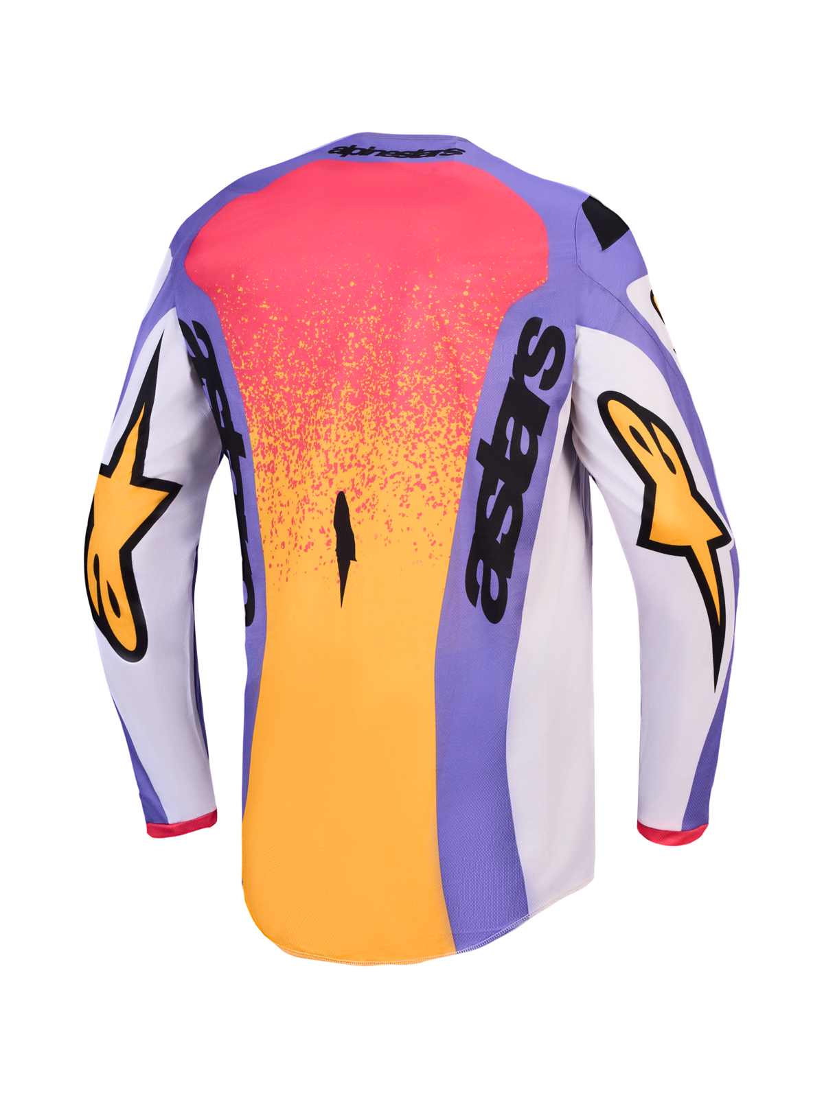 Alpinestars Maglia Fluid Drag, maglia da motocross da uomo, lilla chiaro e oro, vista posteriore con taglio più lungo e loghi.