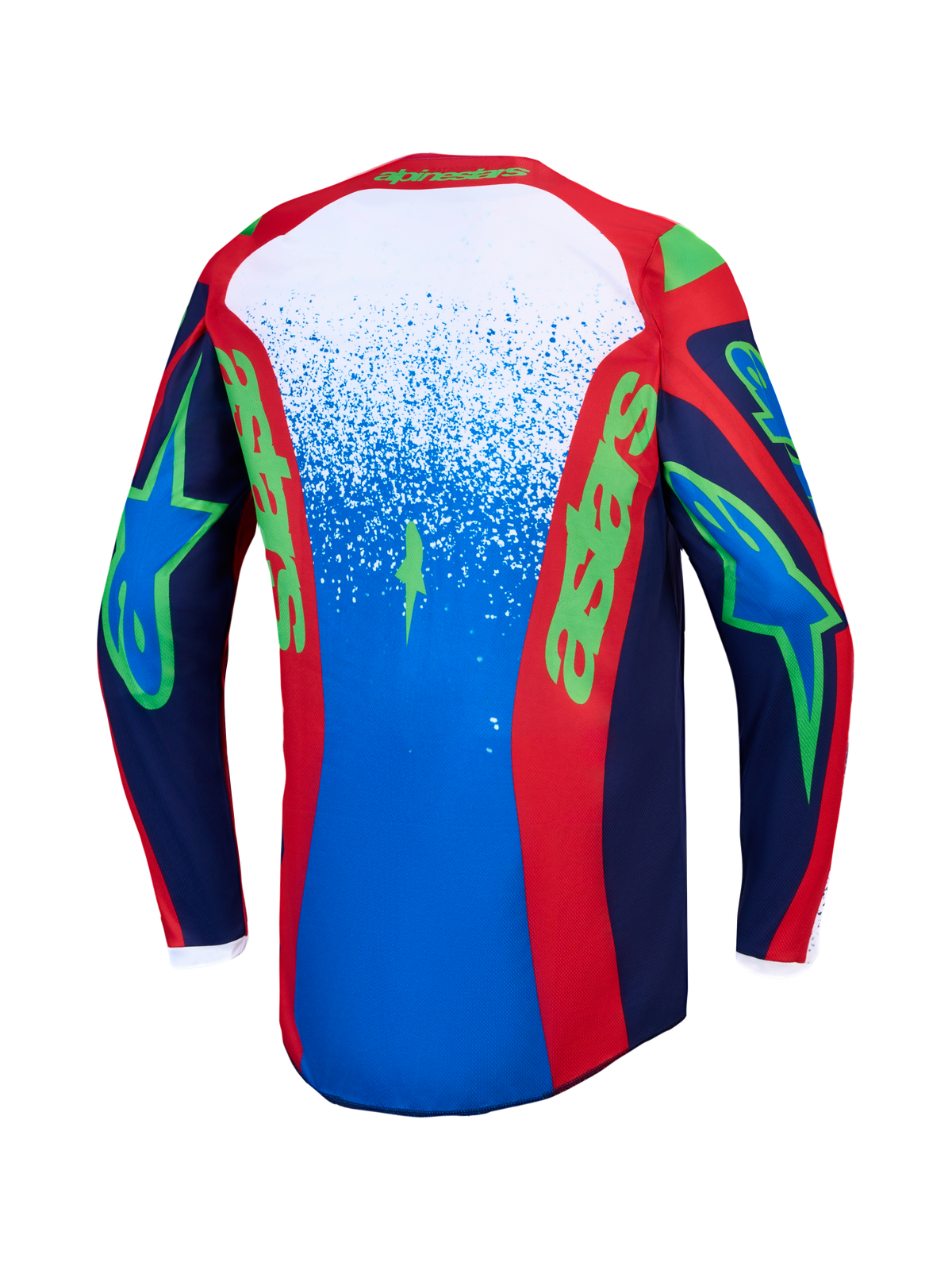 Alpinestars Maglia Fluid Drag, maglia da motocross da uomo, blu navy e rosso fuoco con grafiche verdi, vista posteriore.