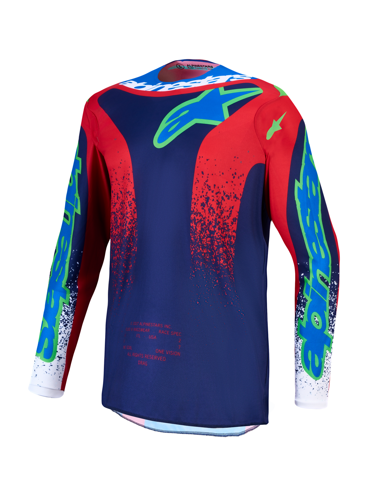 Alpinestars Fluid Drag Jersey, Men's Motocross Top, Navy Blue and Fire Red, breathable moisture-wicking polyfabric.
