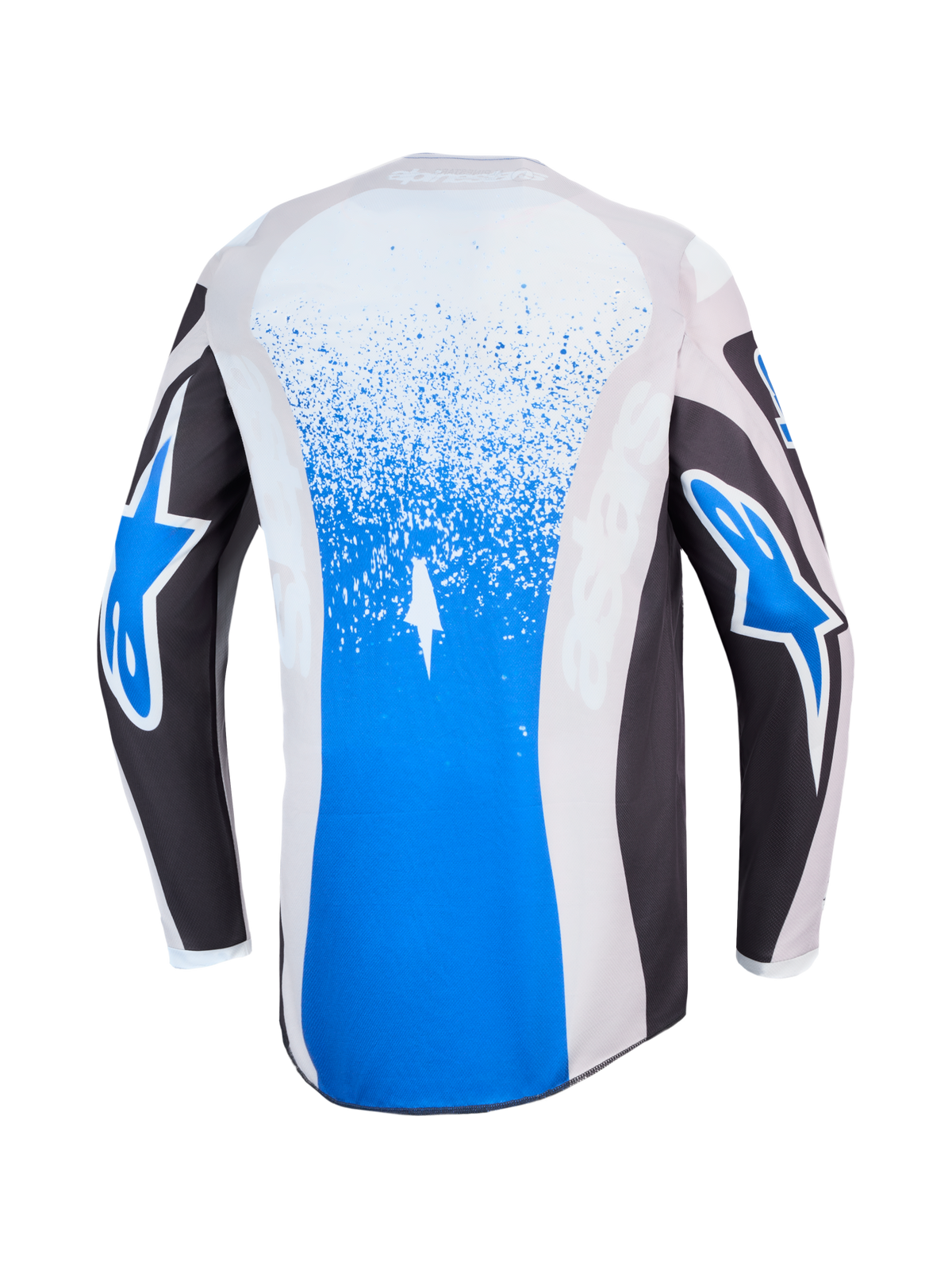 Alpinestars Maglia Fluid Drag, maglia da motocross da uomo, blu e grigia, vista posteriore con grafiche splatter e loghi a stella.