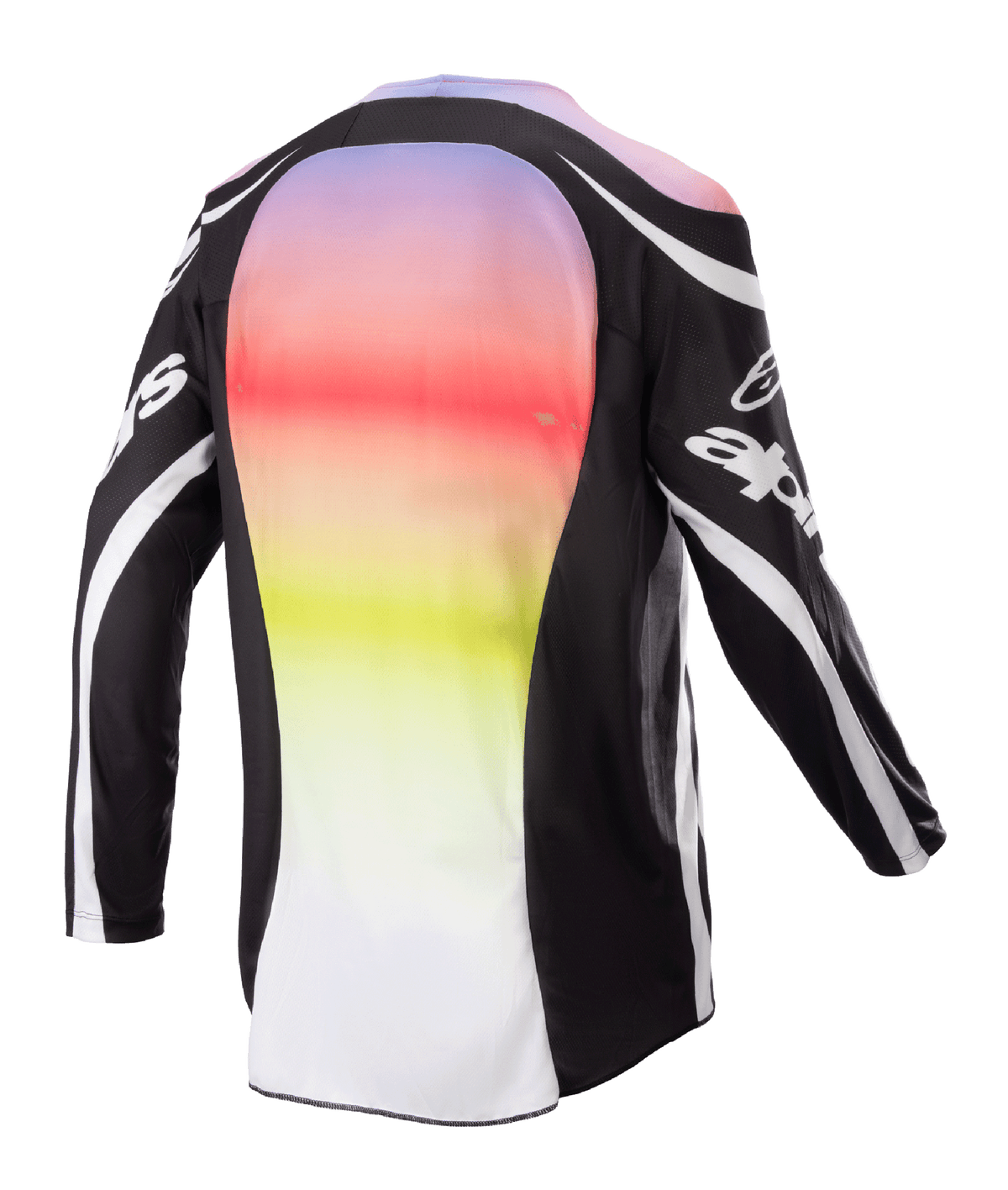 Alpinestars Maglia Racer Semi 2023, maglia da motocross, Nero Multicolore, vista posteriore con ampio pannello centrale caratterizzato da un gradiente vivace dal viola al giallo, maniche e spalle nere con loghi bianchi e linee curve, progettata per prestazioni fuoristrada