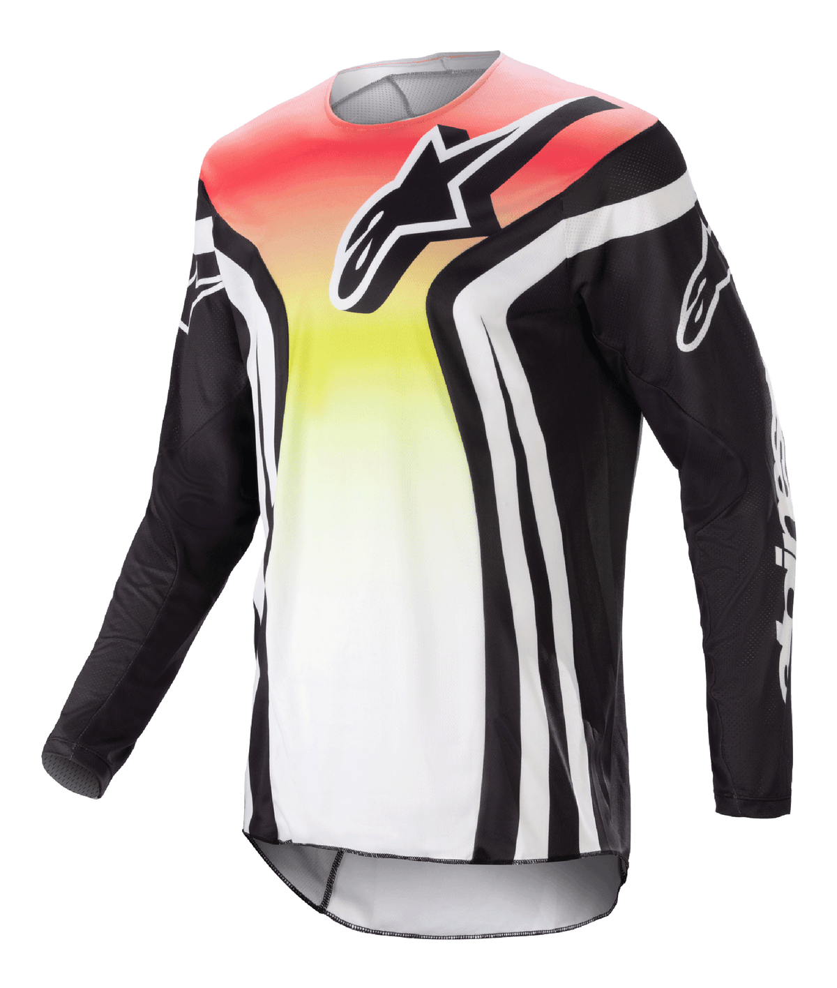 Alpinestars 2023 Racer Semi Jersey, maglia da motocross a maniche lunghe, nero e multicolore con sfumatura rossa, gialla e bianca, logo vistoso sul petto e strisce bianche sulle maniche, tessuto leggero traspirante per prestazioni off-road