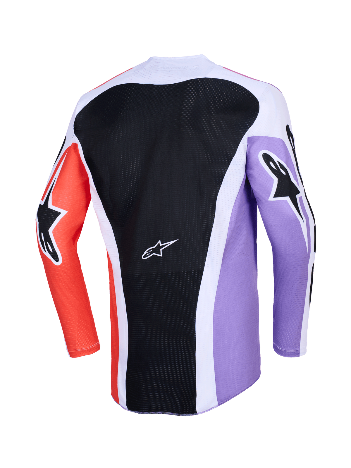 Alpinestars 2026 Racer Air Portl Jersey, vista posteriore della maglia da motocross a maniche lunghe, design multicolore con pannello posteriore in mesh nero, maniche viola e arancioni con loghi a stella neri, accenti bianchi e costruzione traspirante per la guida off-road.