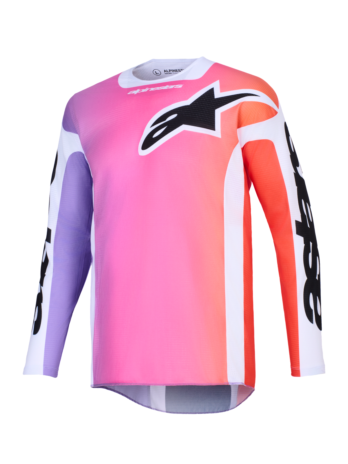 Alpinestars 2026 Racer Air Portl Jersey, maglia da motocross, sfumatura multicolore con rosa, viola e arancione, grande logo Astars nero sul petto, pannelli laterali bianchi, tessuto in mesh traspirante con maniche lunghe e taglio posteriore allungato.
