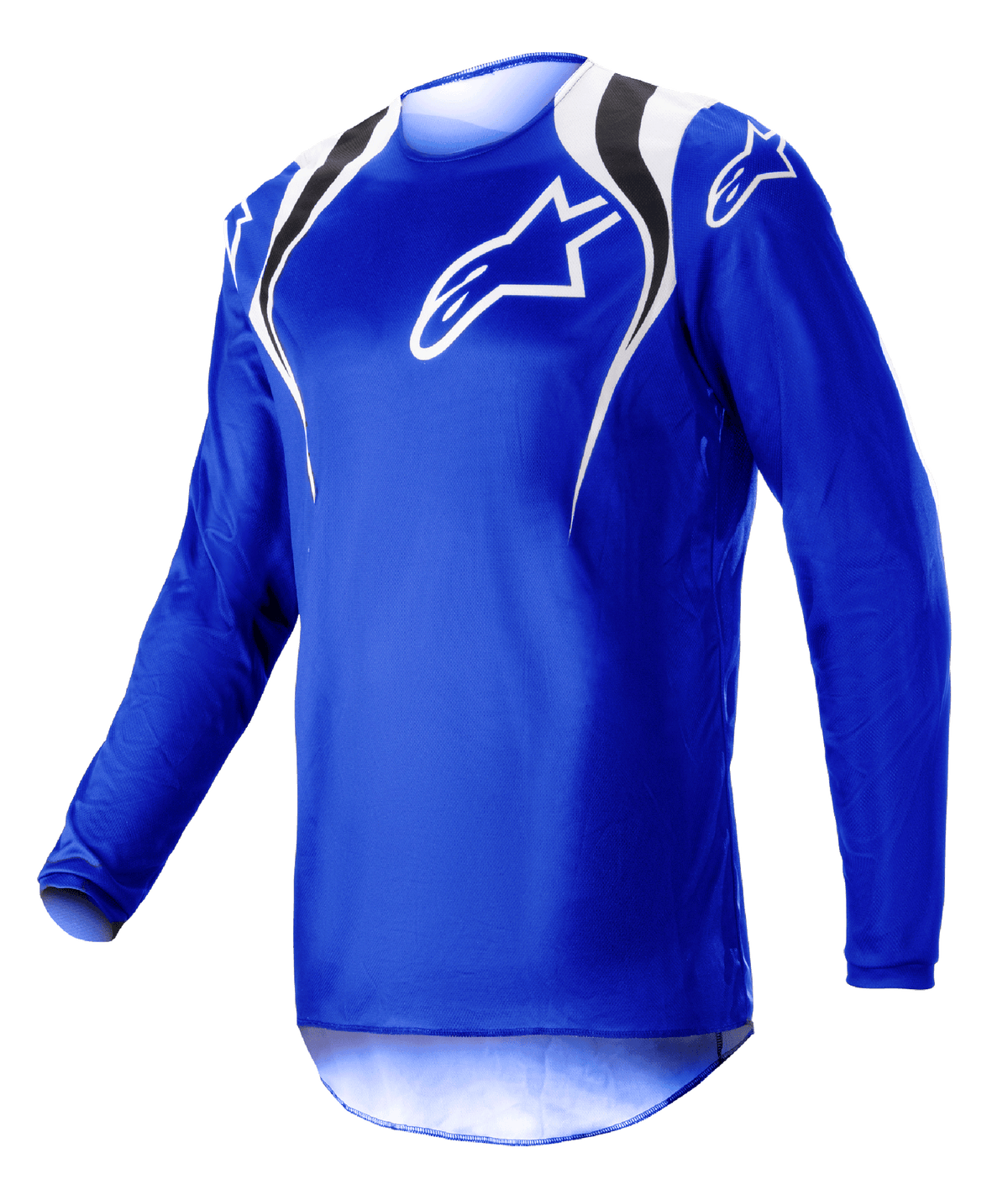 Alpinestars 2023 Fluid Narin Jersey, maglia da motocross, blu con accenti bianchi e neri sulle spalle e logo bianco sul petto, design leggero a maniche lunghe per corse fuoristrada