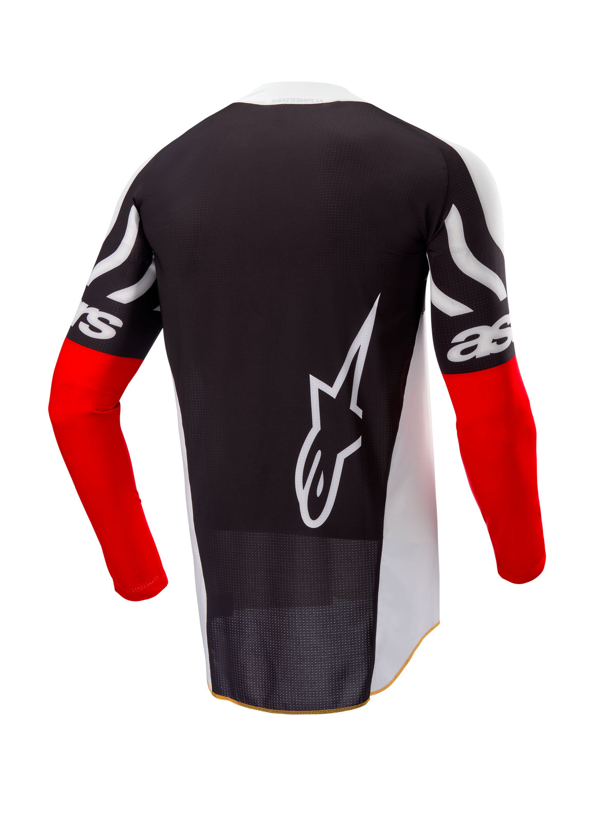Alpinestars Maglia Limited Edition Techstar Deep, maglia da motocross, vista posteriore, nera e bianca con maniche High Red, grande logo Alpinestars bianco sul retro, vestibilità atletica da gara in politessuto traforato