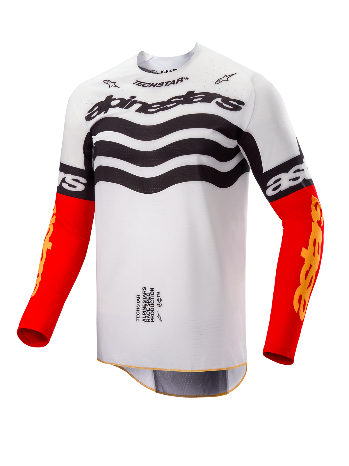 Alpinestars Limited Edition Techstar Deep Jersey, maglia da motocross, design bianco e nero con grafiche ondulate sul petto, maniche rosso acceso con branding Astars giallo, abbigliamento da corsa off-road ad alte prestazioni