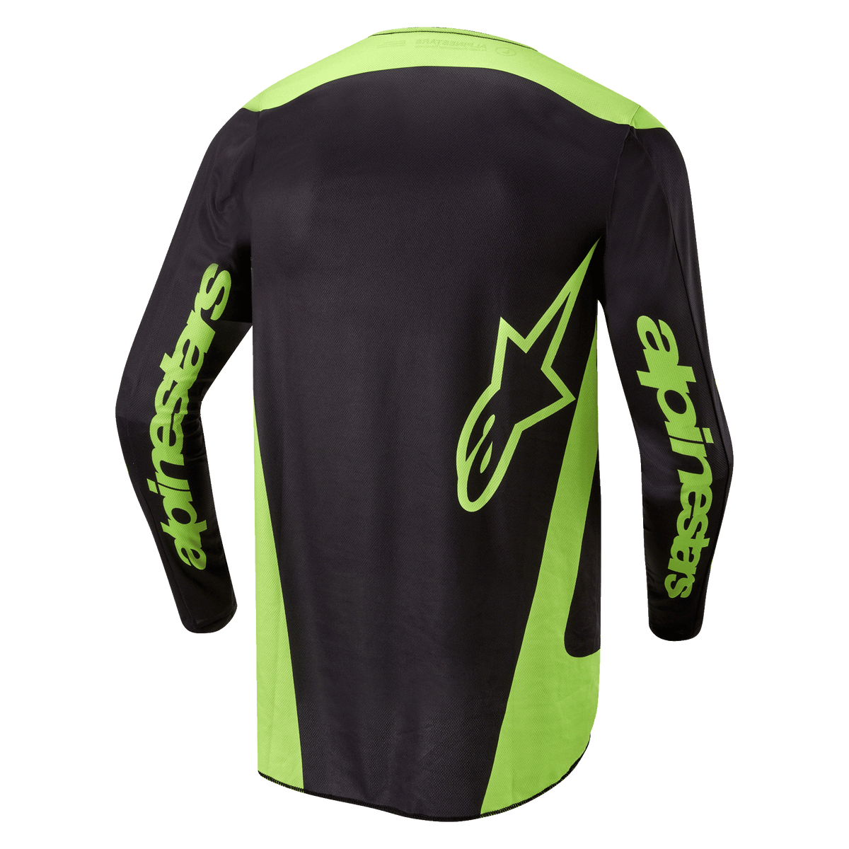 Alpinestars 2024 Fluid Lurv Jersey, maglia da motocross, nero e giallo fluo, vista posteriore con pannelli laterali giallo neon, un grande logo a stella sulla parte inferiore della schiena e marchio Alpinestars sulle maniche