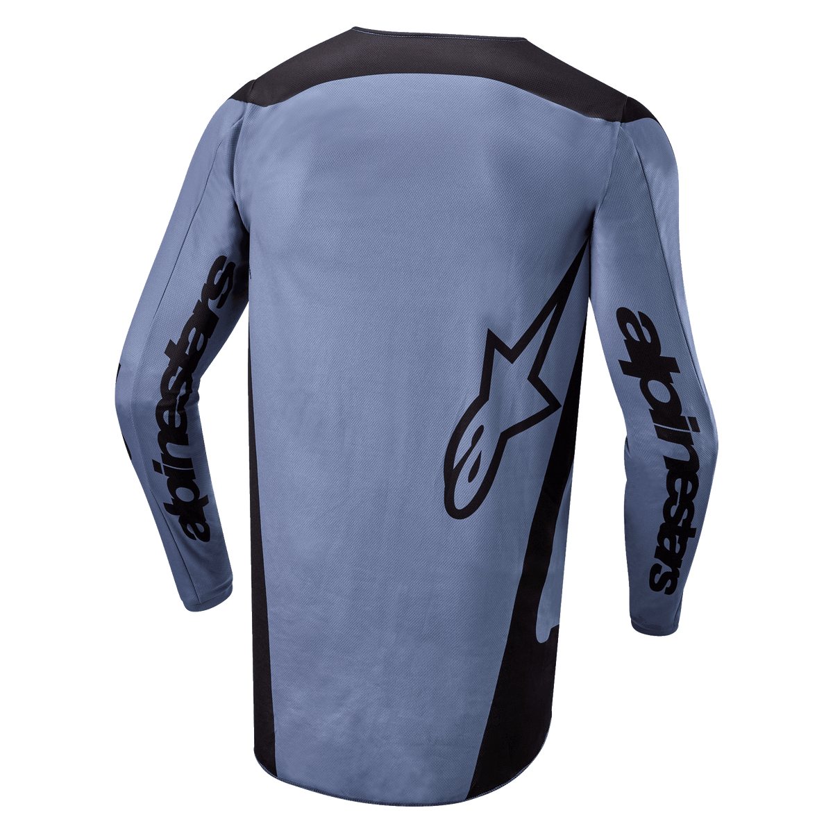 Alpinestars 2024 Fluid Lurv Jersey, maglia da motocross, azzurro e nero, vista posteriore con marchio Alpinestars sulle maniche e logo a stella sul retro, bordo posteriore allungato, tessuto tecnico traspirante per fuoristrada