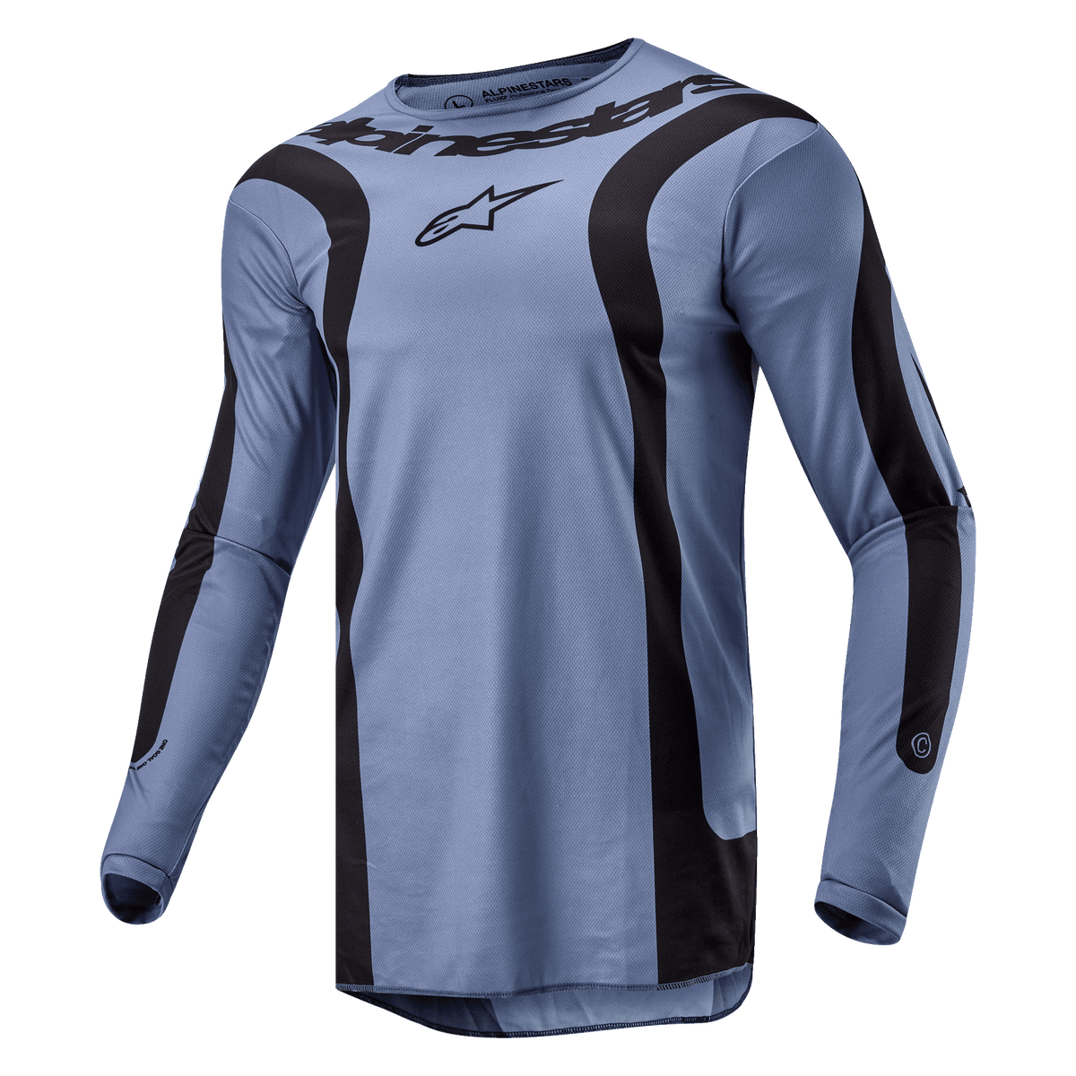 Alpinestars Fluid Lurv Jersey 2024, maglia da motocross, azzurro e nero, con audaci grafiche nere curve sul davanti e sulle maniche, logo Alpinestars centrale sul petto, in poli-tessuto ad alte prestazioni con colletto sportivo.