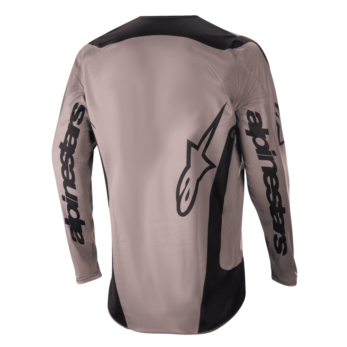 Maglia Alpinestars Fluid Lurv 2024, maglia da motocross, Mud Black, vista posteriore con grande logo Alpinestars sulle maniche e sulla parte bassa della schiena, pannelli neri su spalle e fianchi, abbigliamento tecnico per fuoristrada