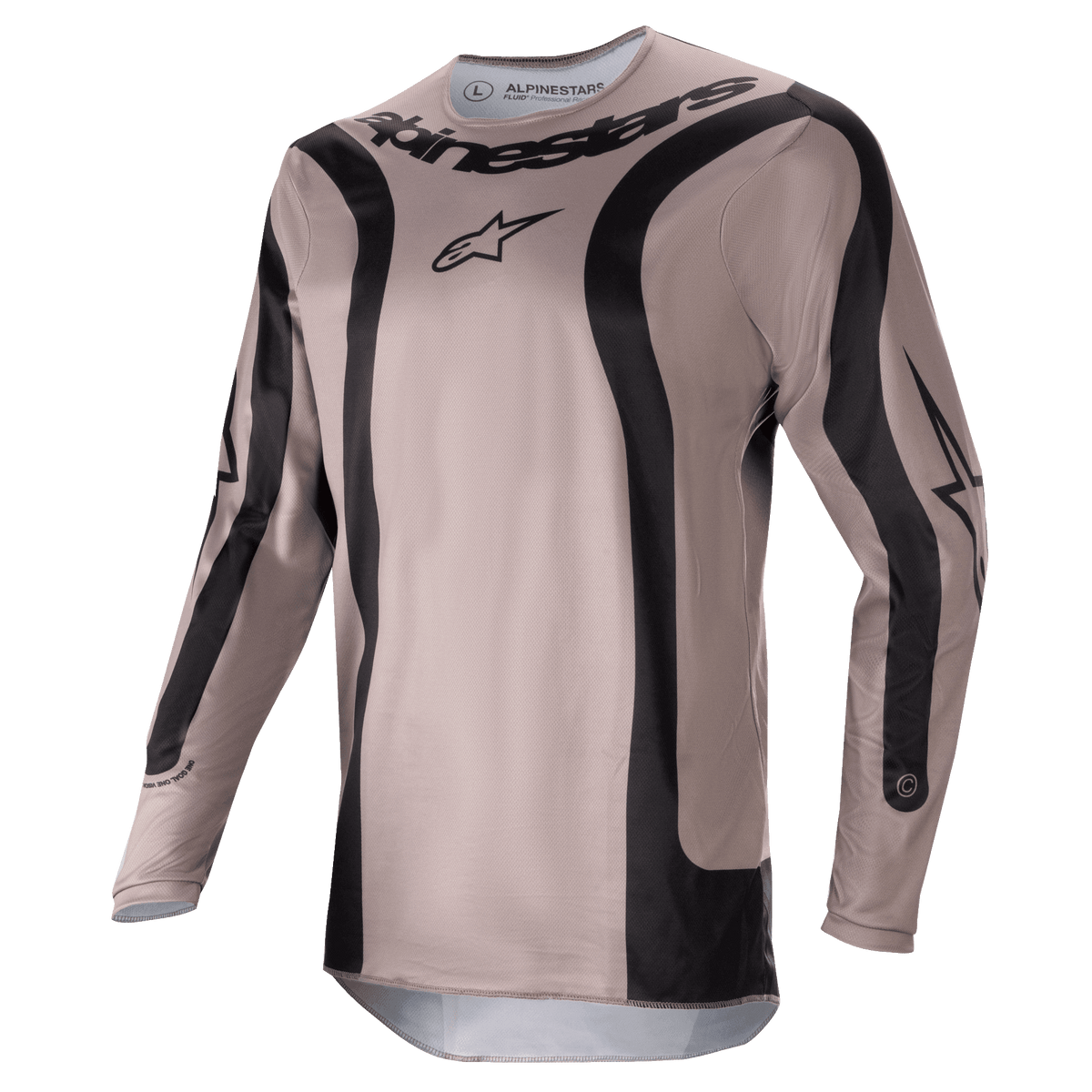 Alpinestars 2024 Fluid Lurv Jersey, maglia da motocross, Mud Black, con pannelli grafici neri curvi e logo centrale Alpinestars, in poli-tessuto leggero e traspirante per prestazioni nel fuoristrada