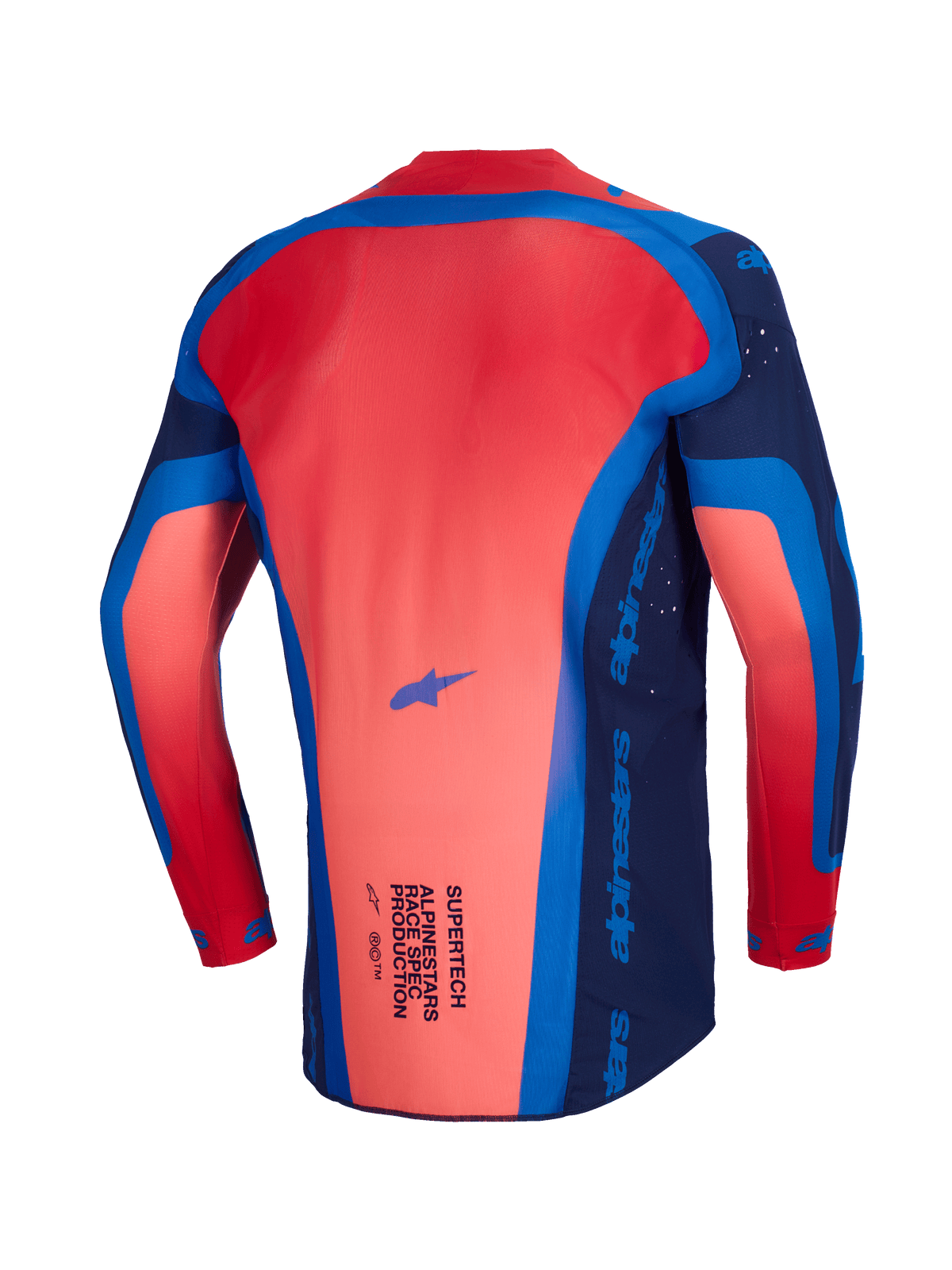 Maglia Alpinestars Supertech Vista 2026, maglia da motocross, Dark Navy, Hot Coral e Cobalt, vista posteriore che mostra il profilo posteriore allungato e la struttura in mesh leggero