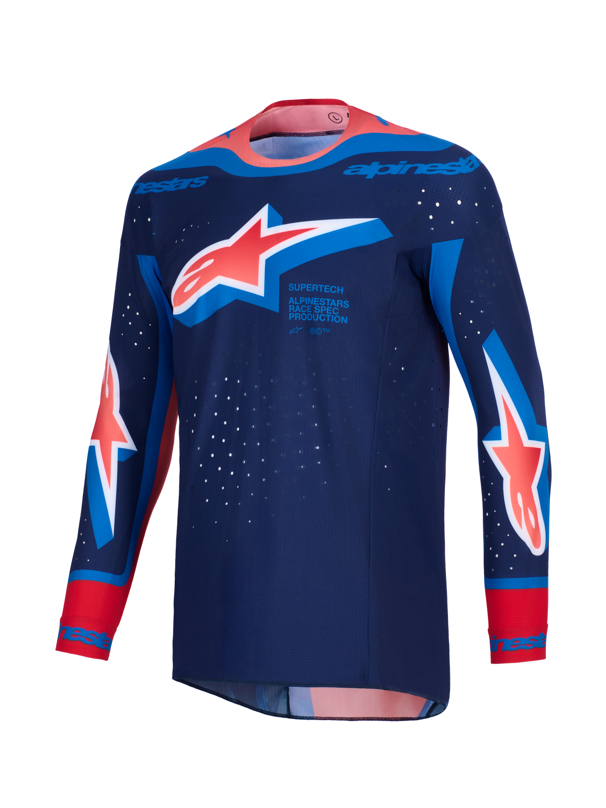 Maglia Alpinestars Supertech Vista 2026, maglia da motocross, blu navy scuro con accenti Hot Coral e blu cobalto, grandi loghi Astar su petto e maniche, vestibilità atletica con perforazioni laser e colletto senza cuciture