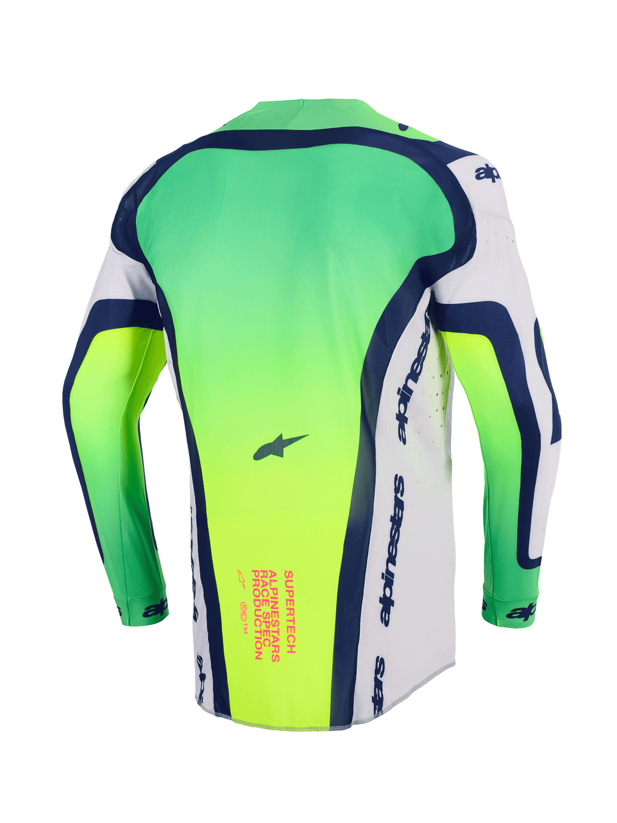 Maglia Alpinestars Supertech Vista 2026, maglia da motocross, verde neon, bianco e blu navy, vista posteriore con parte posteriore allungata, traforature tagliate al laser sui lati, grafica con testo rosa sulla parte bassa della schiena, abbigliamento racing professionale leggero