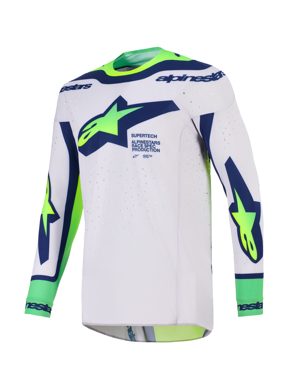 Maglia Alpinestars Supertech Vista 2026, maglia da motocross, grigio chiaro con blu e giallo fluo, con grande logo Alpinestars sul petto, fori di ventilazione tagliati al laser e costruzione senza cuciture per gare fuoristrada