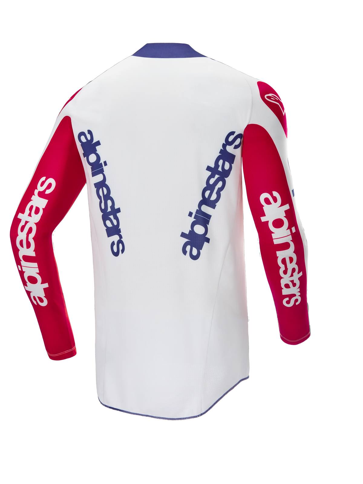 Alpinestars Maglia Techstar Fortitude Limited Edition, vista posteriore, maglia da motocross, corpo bianco con maniche rosse e colletto blu, loghi Alpinestars blu e bianchi, abbigliamento da gara ad alte prestazioni