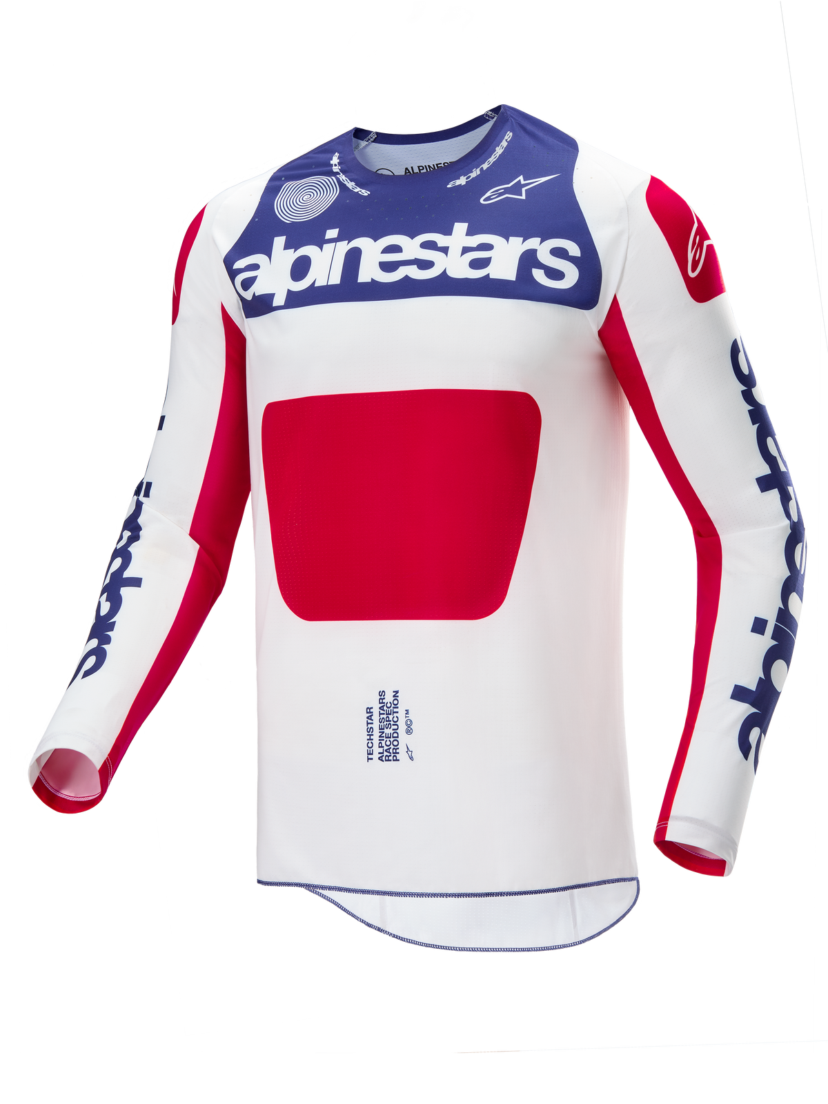 Alpinestars Maglia Techstar Fortitude Limited Edition, maglia da motocross, rosso, bianco e blu, caratterizzata da un corpo bianco con un grande pannello centrale rosso, sezione del petto blu con marchio Alpinestars bianco e loghi blu sulle maniche, progettata per prestazioni elevate nel fuoristrada.