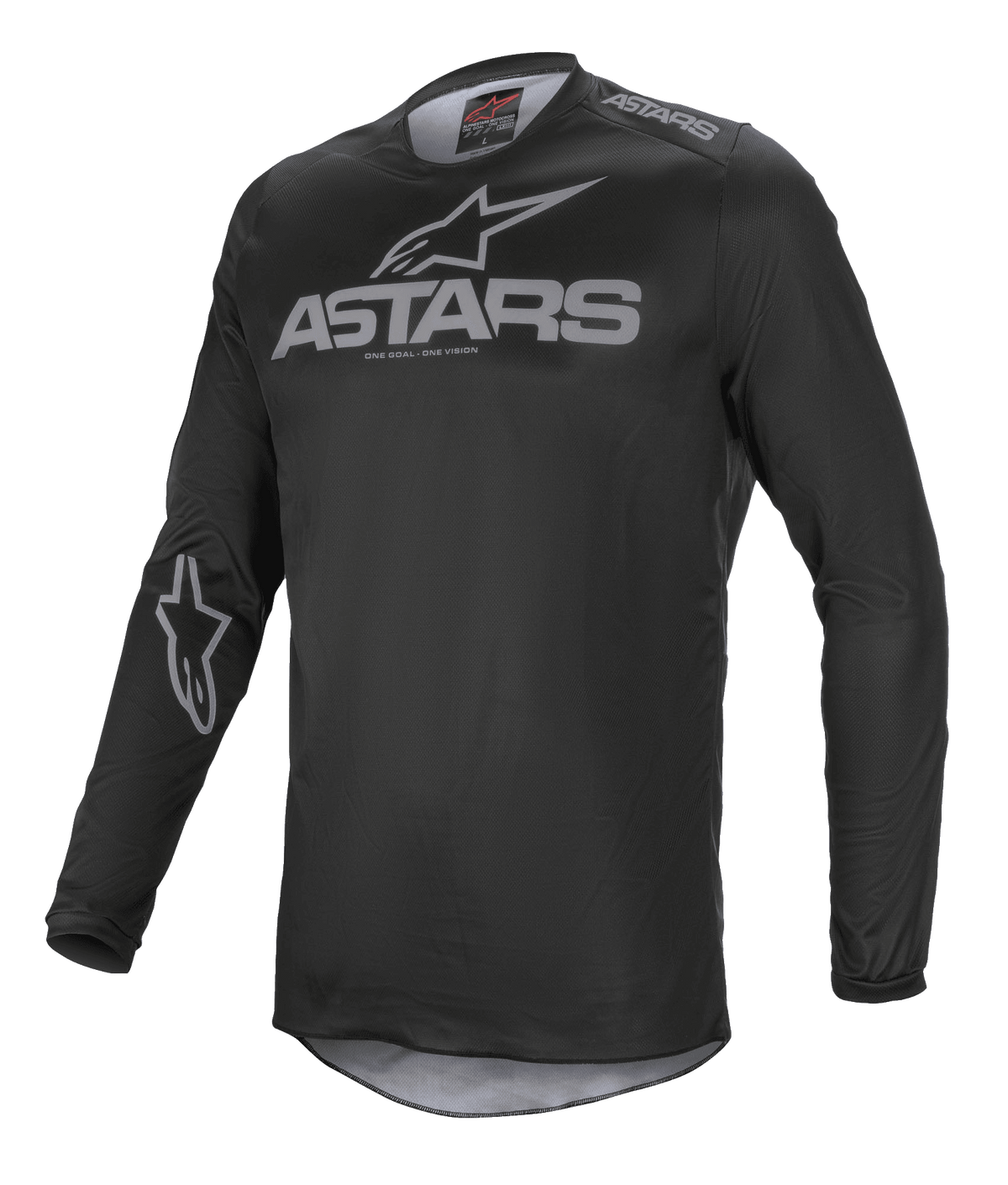 Maglia Alpinestars Fluid Graphite, maglia da motocross, nero e grigio scuro, con logo ASTARS grigio sul petto e sulla spalla, logo a stella sulla manica, costruzione in mesh tecnico a maniche lunghe per il fuoristrada