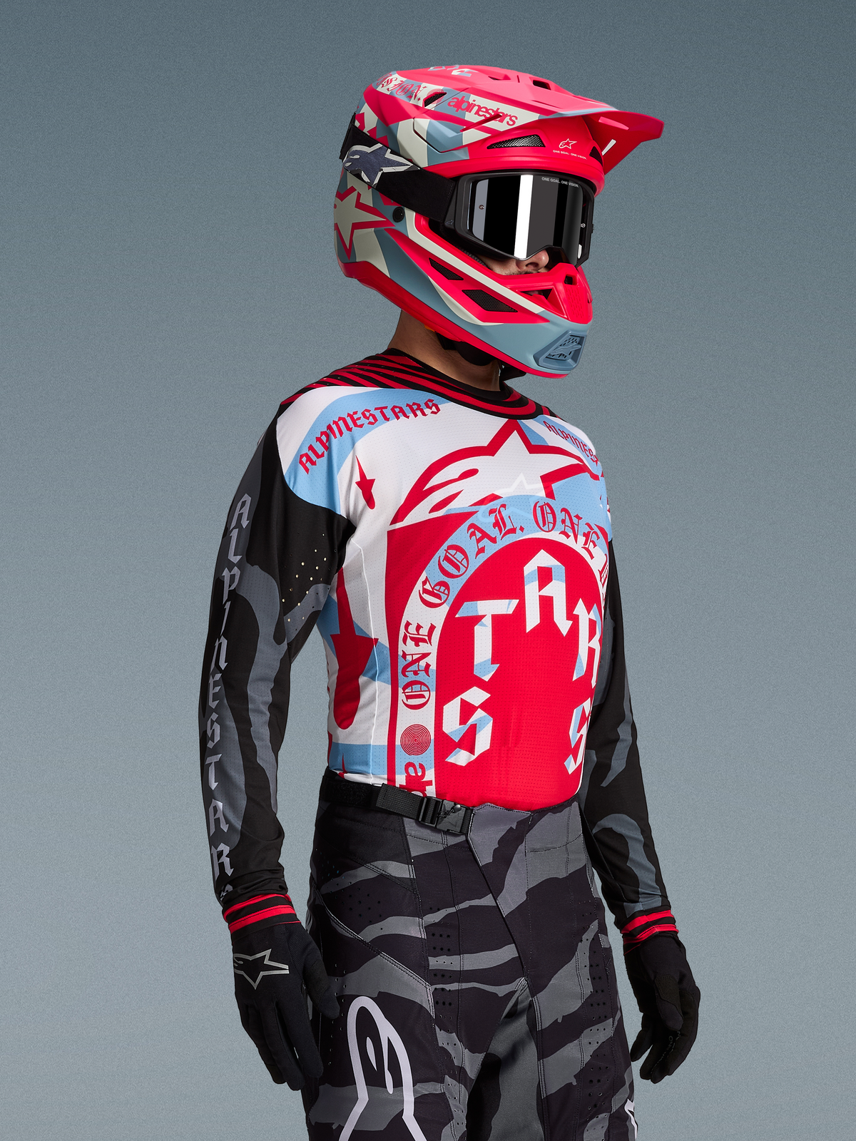 Maglia Alpinestars Techstar Beast Coast, grafica rossa e bianca e maniche nere, abbigliamento motocross edizione limitata.